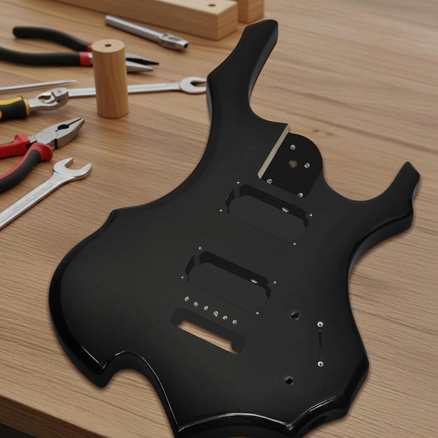 Ktaxon Solid Body DIY Guitar Kit, Build Your Own Electric Guitar Kit with Maple Neck, Shoulder Strap, H-H Pickups, All Accessories Included, Black (KFlame)