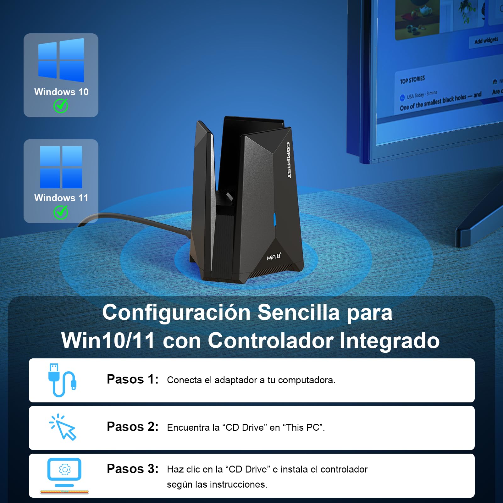 COMFAST Wi-Fi 7 Adaptador WiFi USB para PC, BE6500 Receptor WiFi, Antena WiFi PC, USB 3.0, Tri-Banda 6G/5G/2,4G, Antenas de Alta Ganancia 6dBi, TecnologíaMLO, MU-MIMO, OFDMA, WPA3, para Windows 10/11