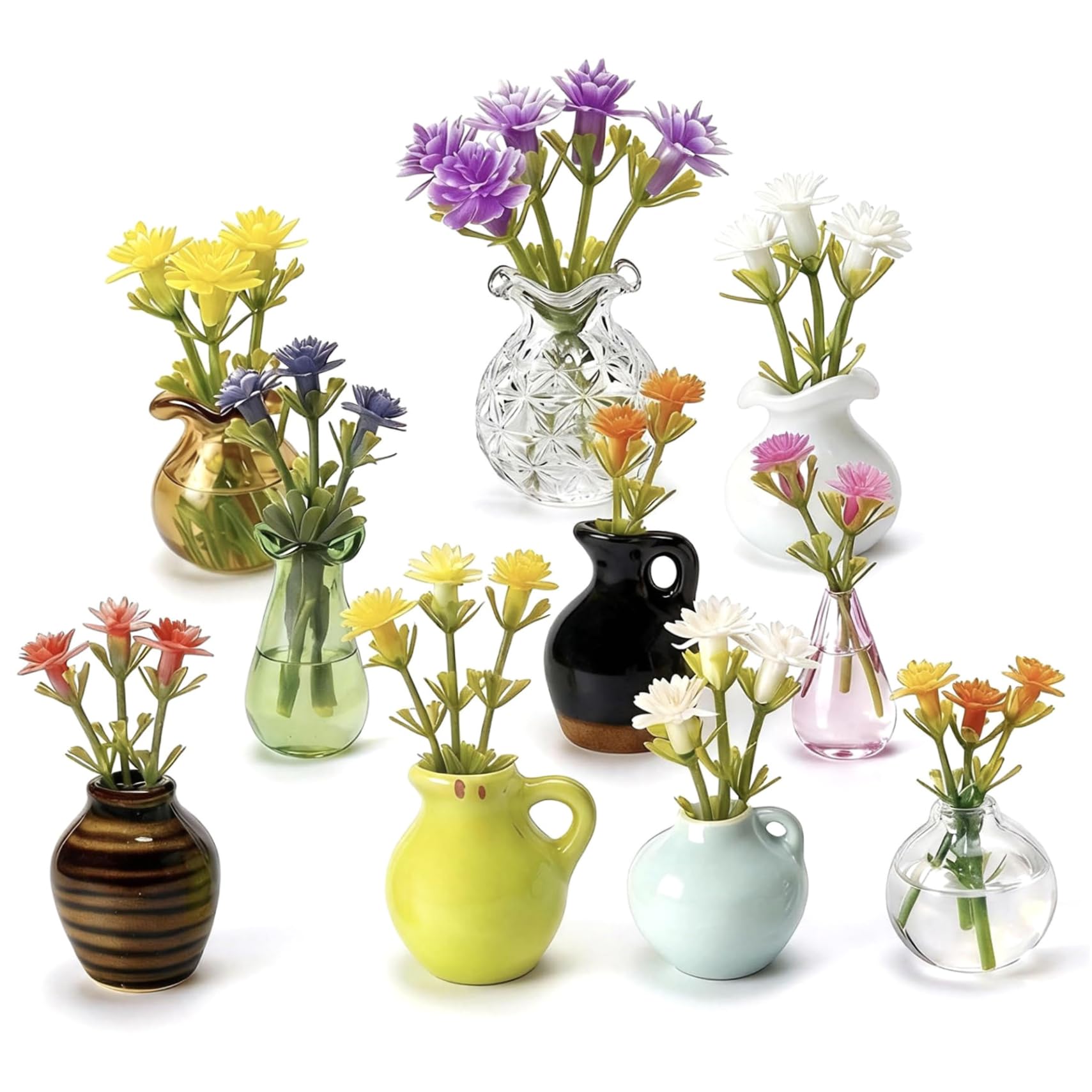 Temeemeg Style 1 10-Pack Mini Vase Magnets For Fridge - Cute Vase Fridge Magnets Includes 30+ Assorted Flowers Ceramic & Glass Bud Vases For Home & Office Decor