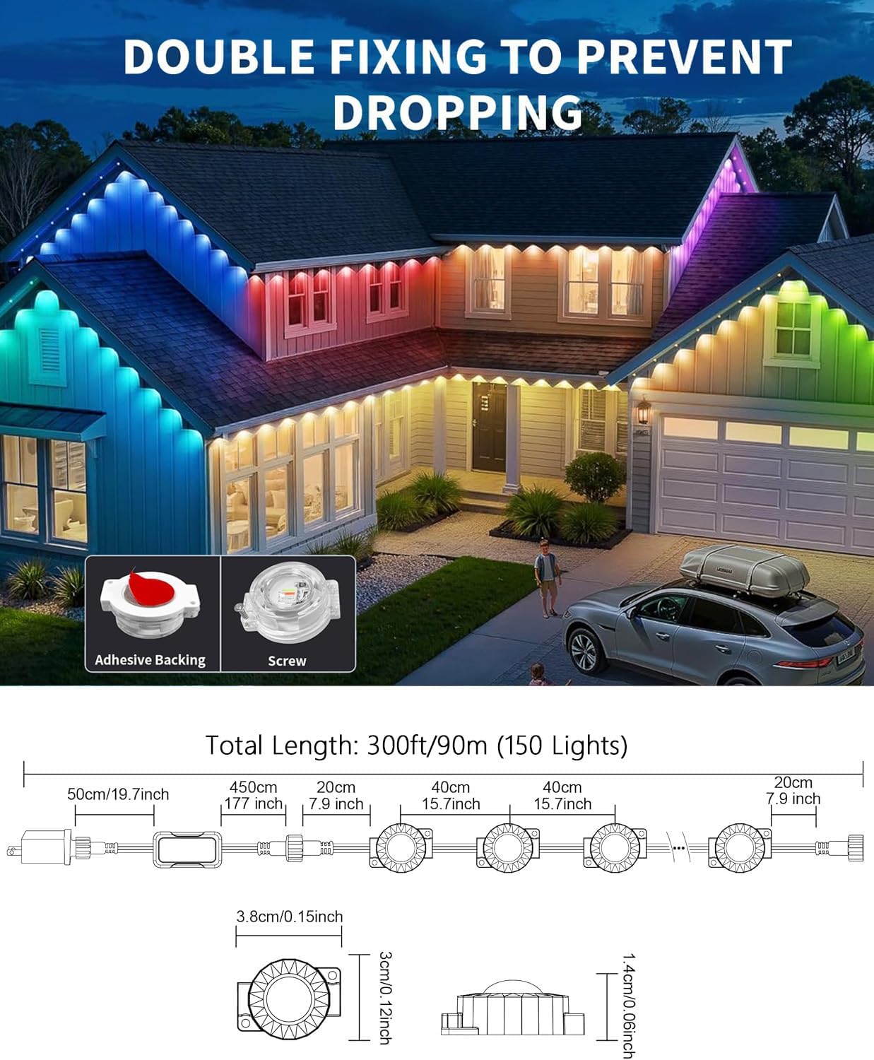 Permanent Outdoor Lights for House, 300ft Smart RGB Eaves Lights App Control Remote, DIY IP67 Waterproof Under Eave Lighting, Outside led Lights for House,Party,Christmas Decorations