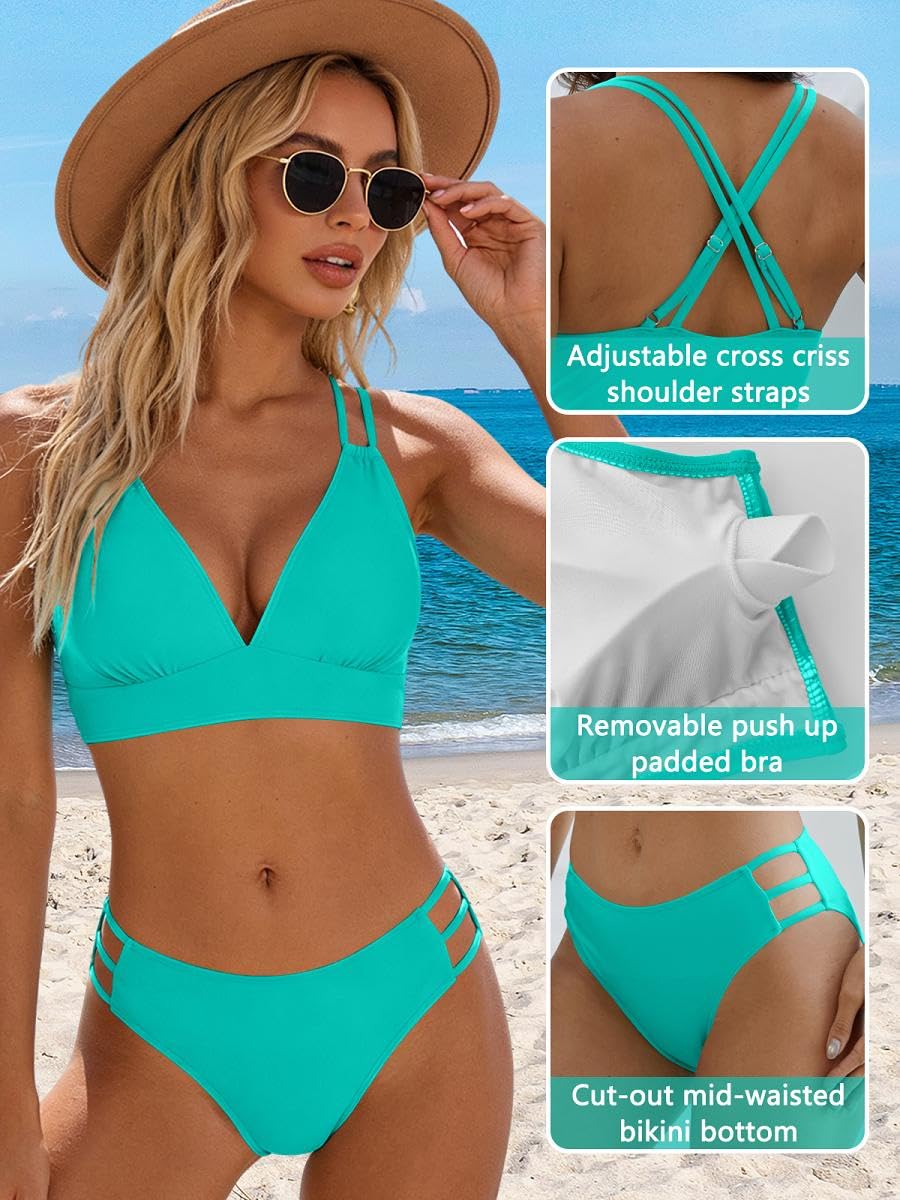 Joligiao Mujer Bikini Sexy Traje de Baño 2 Piezas Cuello en V Bikinis Brasileño con Triángulo Bañadores Bikini Top y Braga Cintura Alta Conjunto de Bikinis Playa - 5