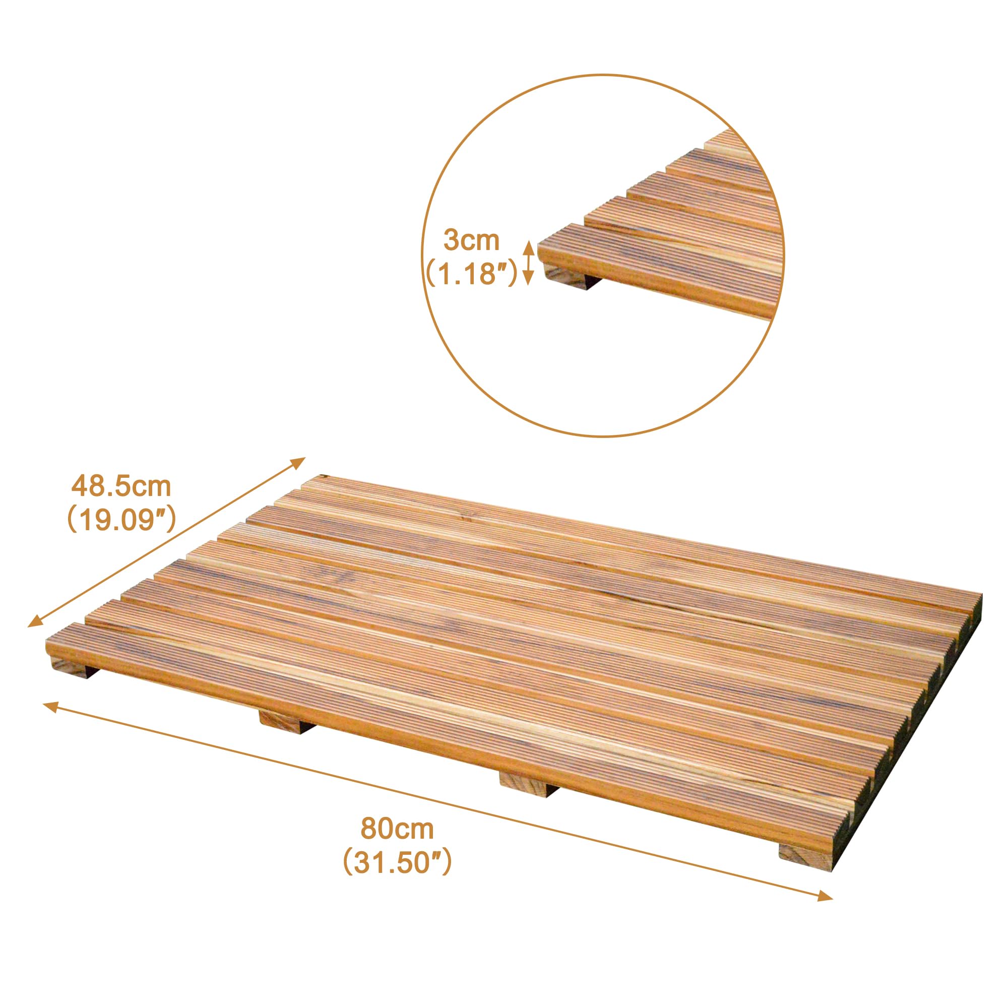 Caillebotis de Douche en Bois de Teck, 80 * 50cm, Grand Tapis de Bain avec des Patins Antidérapants, Tapis de Douche, Paillassons pour Sauna et Salle de Bain