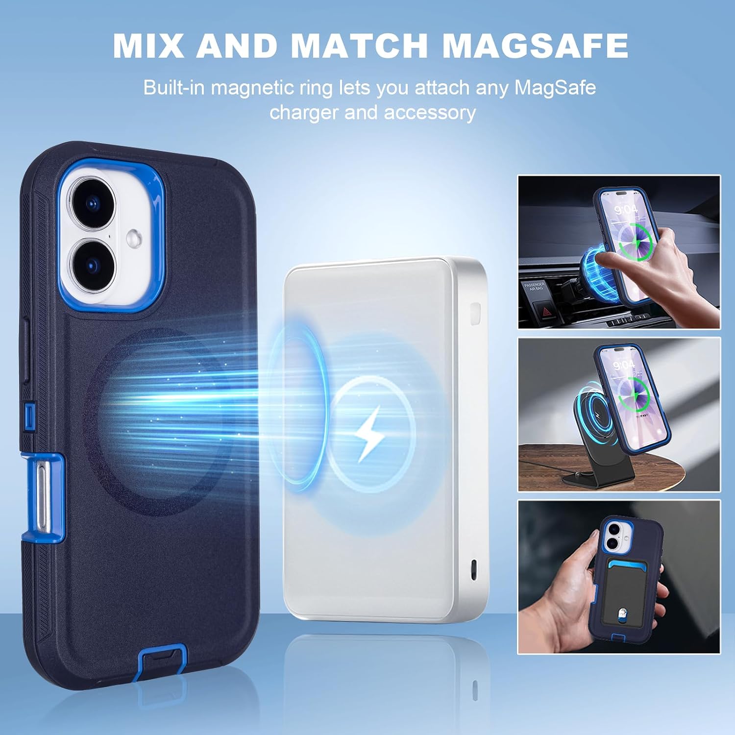 for iPhone 17 Case with Belt Clip, Compatible with MagSafe, Heavy Duty Military Grade Drop Protection, 3-Layer Rugged Shockproof for Protective iPhone 17 Case (Navy+Blue)