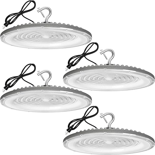 Paquete de 4 luces LED UFO de 200 W, IP66 impermeable, 100-277 V, 30500 lm 5000 K, iluminación comercial de bahía diurna, 850 W MHHPS con