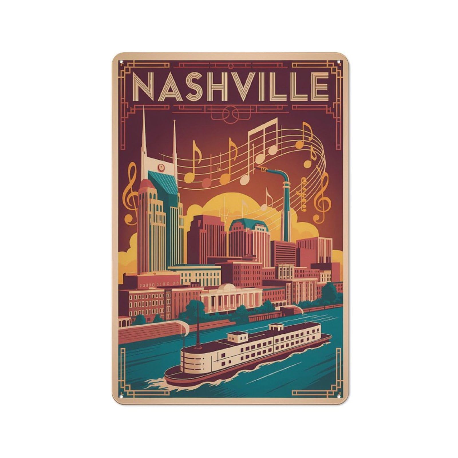 Junmoney Style-17 Classic Nashville Art Deco Travel Metal Wall Plaque 30X20cm, Nostalgic Wall Art For Living Room, Hallway, Kitchen Or Cafe