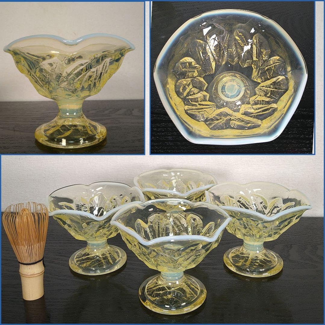 AE49 乳白色 プレスガラス かき氷カップ かき氷器 黄色 昭和ガラス 4個 AE49 乳白色 プレスガラス かき氷カップ かき氷器 黄色 昭和