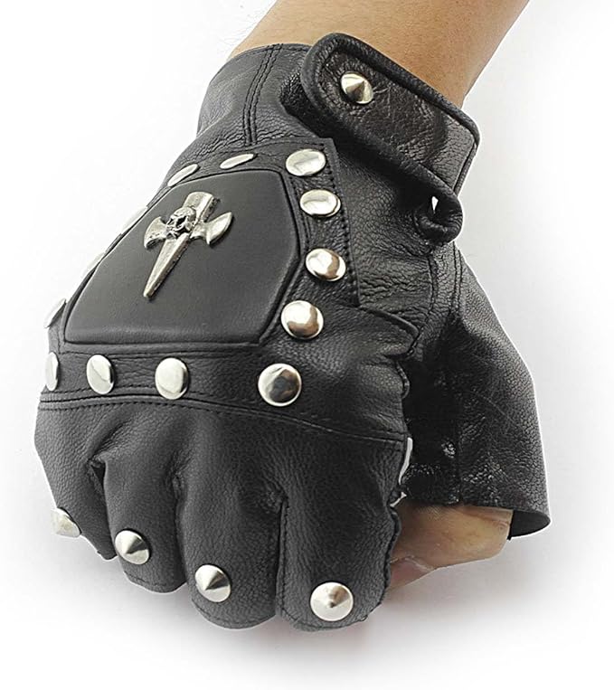 Punk Rocker Men's Leather the skull Motorcycle Biker Driving Fingerless