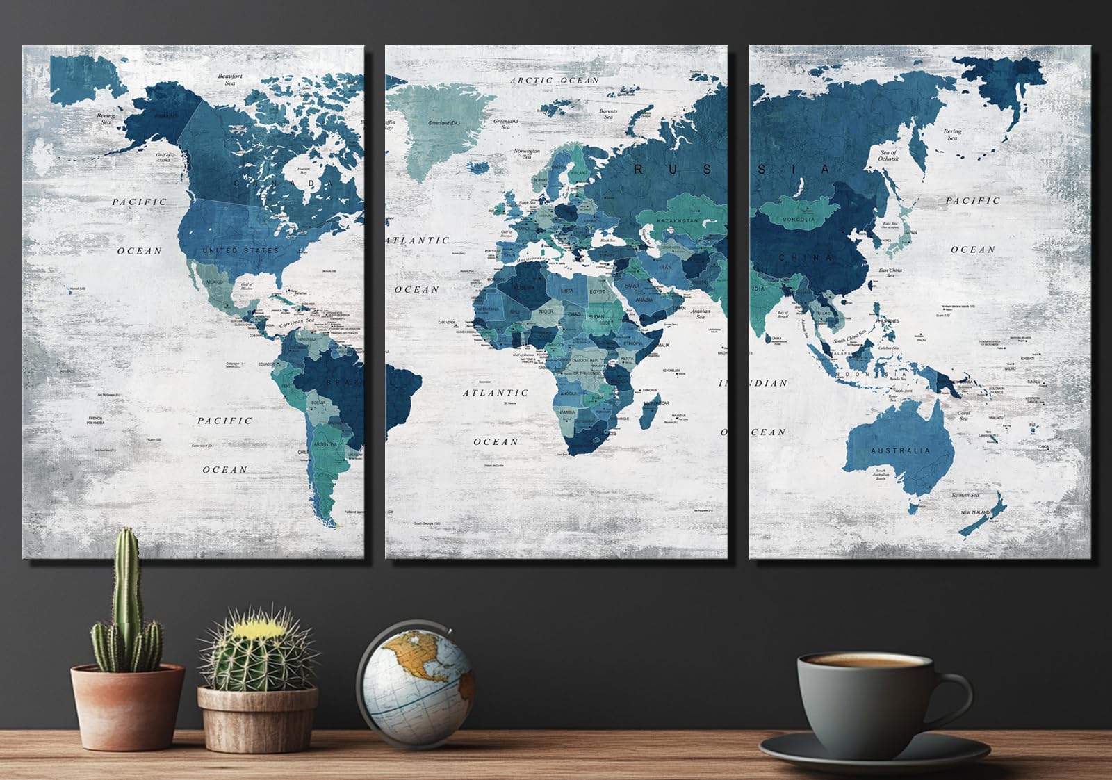 Canvas Wall Art World Map Pictures for Living Room Office Farmhouse Wall Decoration Abstract Print Art Teal Decor Rustic Map of the world Picture