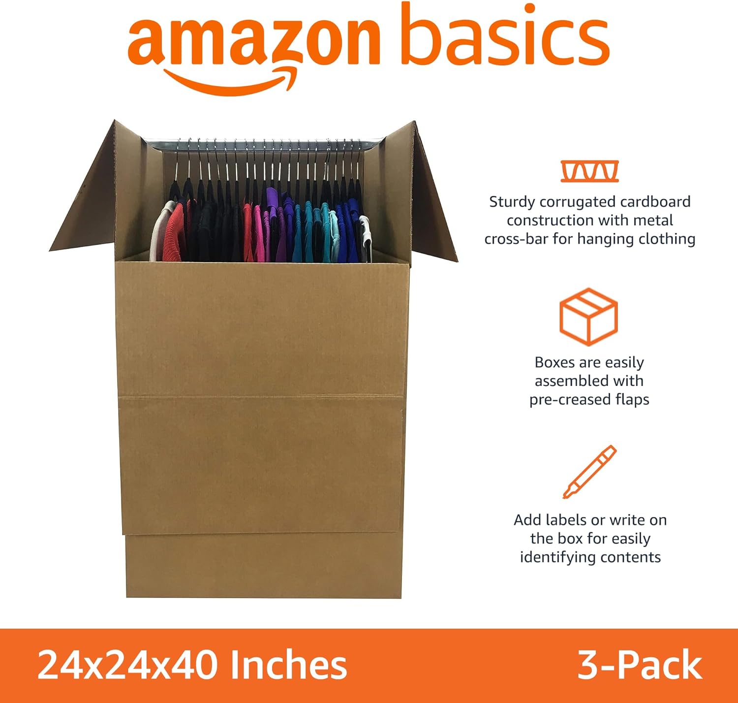 amazon basics wardrobe clothing moving boxes with bar - 24" x 24" x 40", 3-pack, brown brown 24" x 24" x 40"/3-pack
