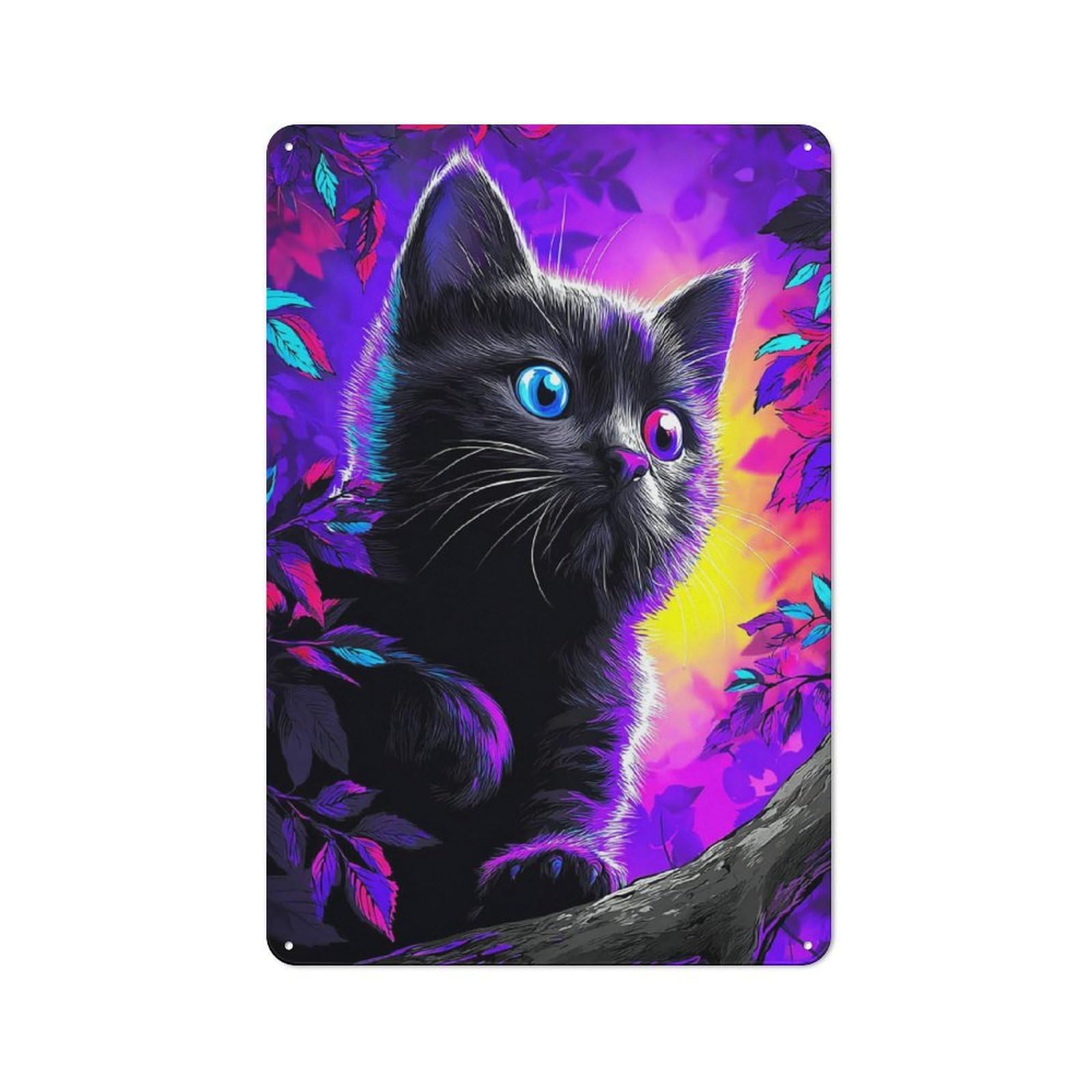 Junmoney Neon Cat In Vibrant Forest -2 Tin Wall Plaque 30X20cm With For Garage Wall, For Collectors Of Retro Metal Wall Decor