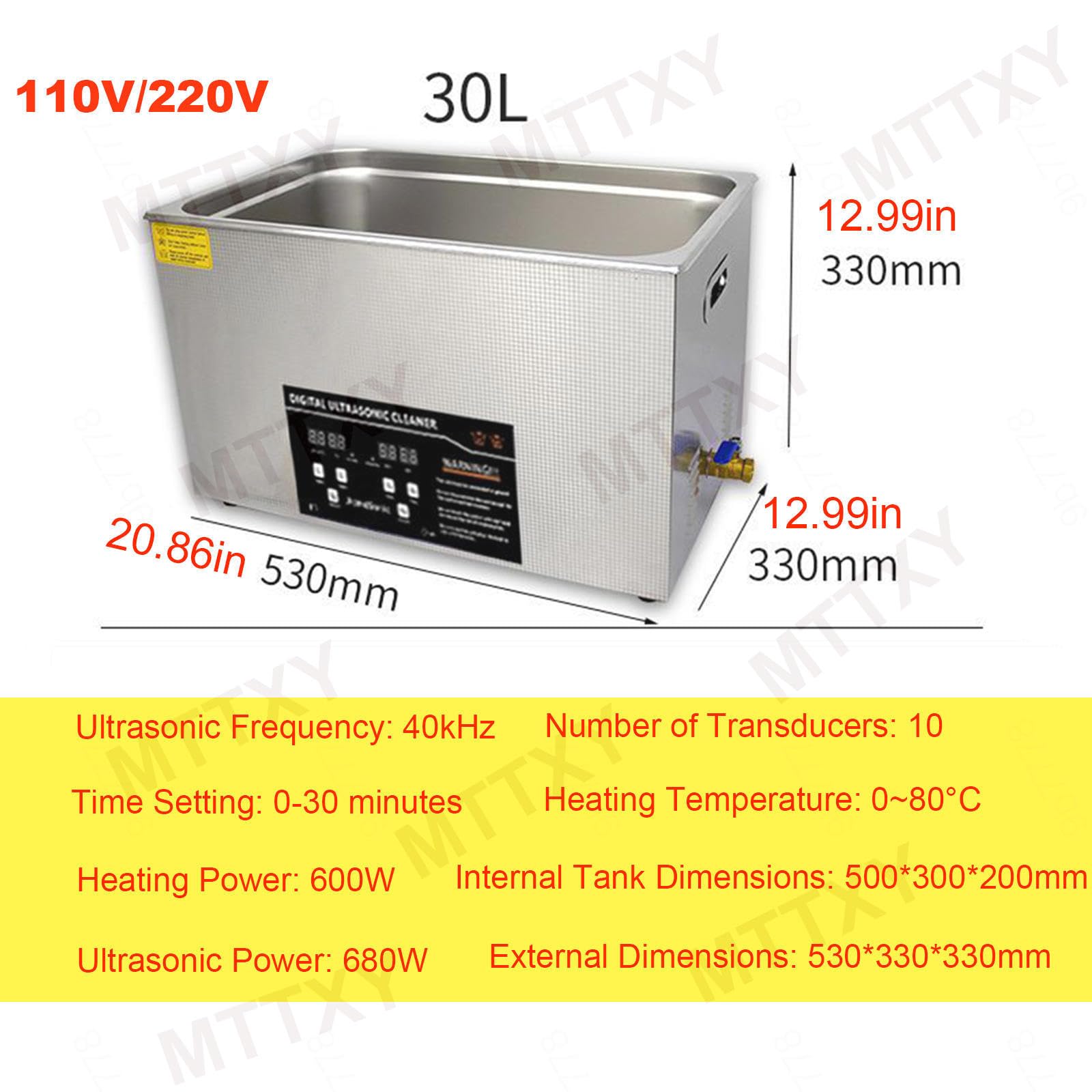 Pulitore Ad Ultrasuoni 6,5L/15L/30L, Pulitore Ad Ultrasuoni In Acciaio Inossidabile 40kHz con Timer Digitale e Riscaldatore, Temporizzazione 0-30 Minuti Regolabile per Vetri di Fissaggio,30L