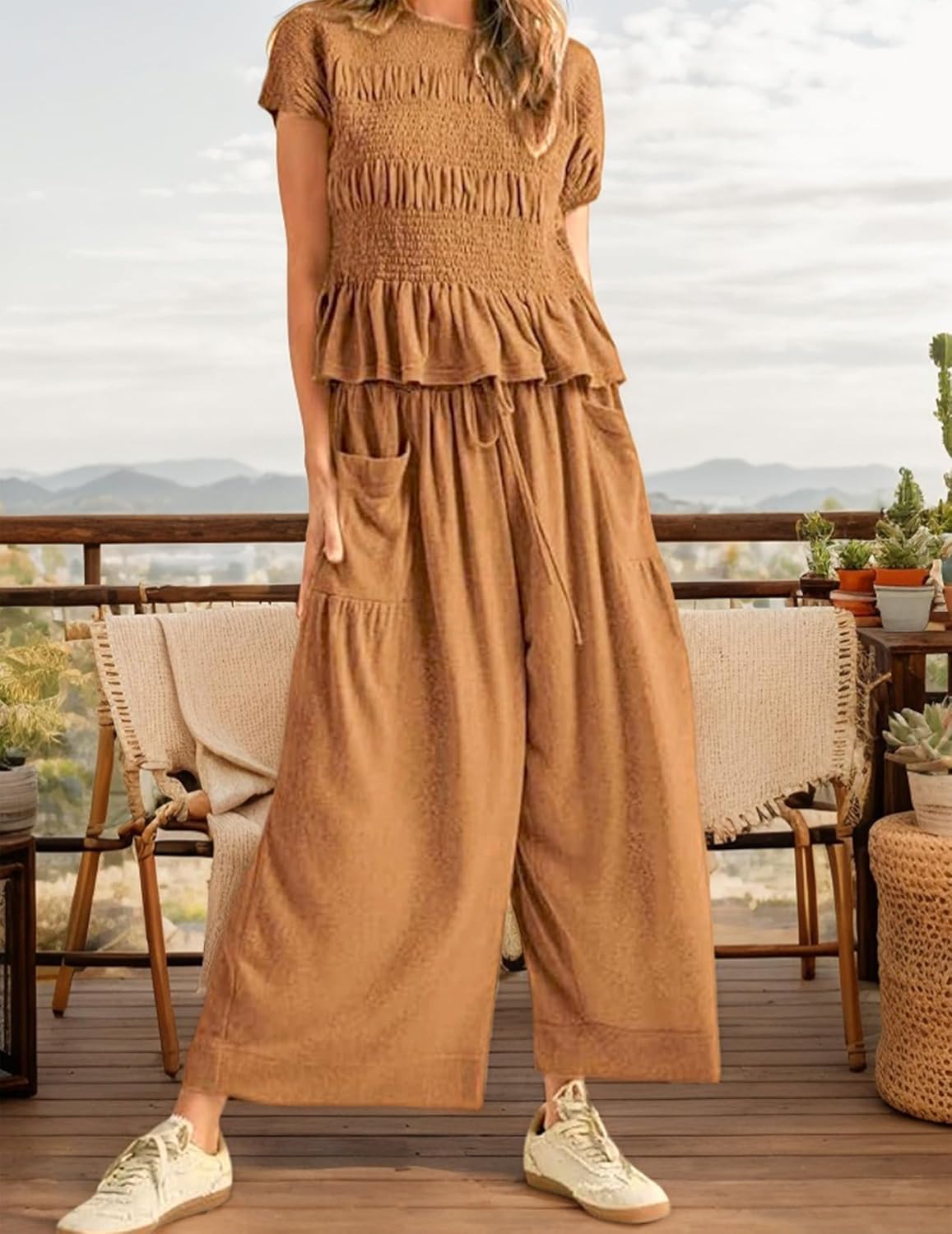 Womens 2 Piece Smocked Top Wide-Leg Pants Set Boho Outfits With Pockets Casual Ruffle High-Waisted Matching - Image 2