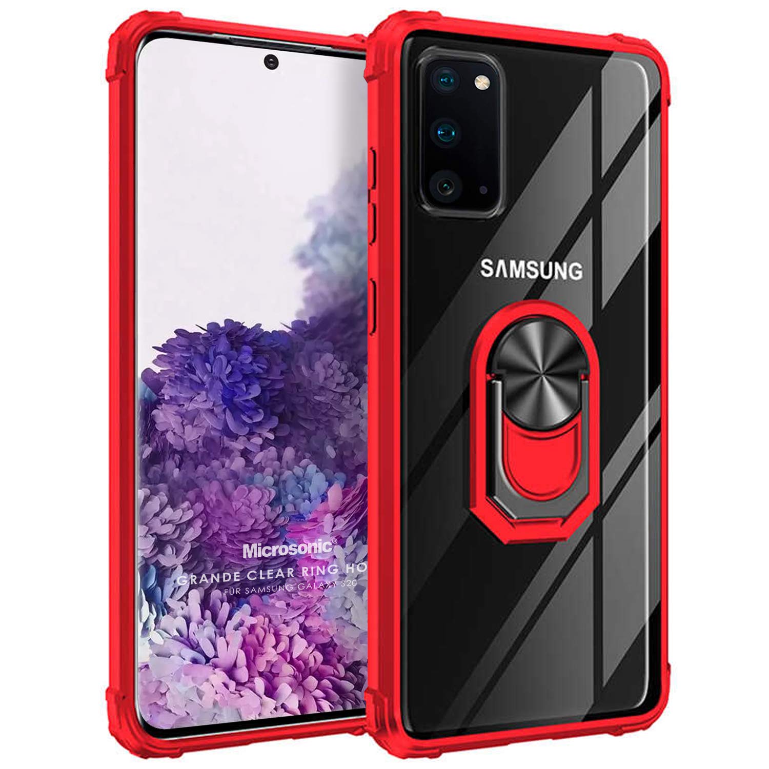 Microsonic Samsung Galaxy S20 için Kılıf Grande Clear Ring Holder Kırmızı [Galaxy S20 ile Uyumlu Kılıf - Kırmızı]