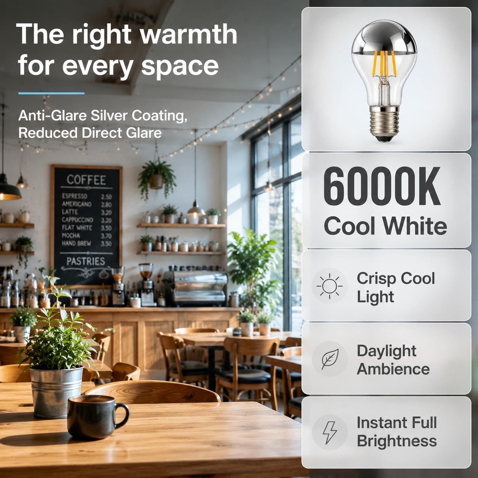 Bombilla Filamento LED E27, A60 4W 220lm, 6000K Luz Fría, No Regulable