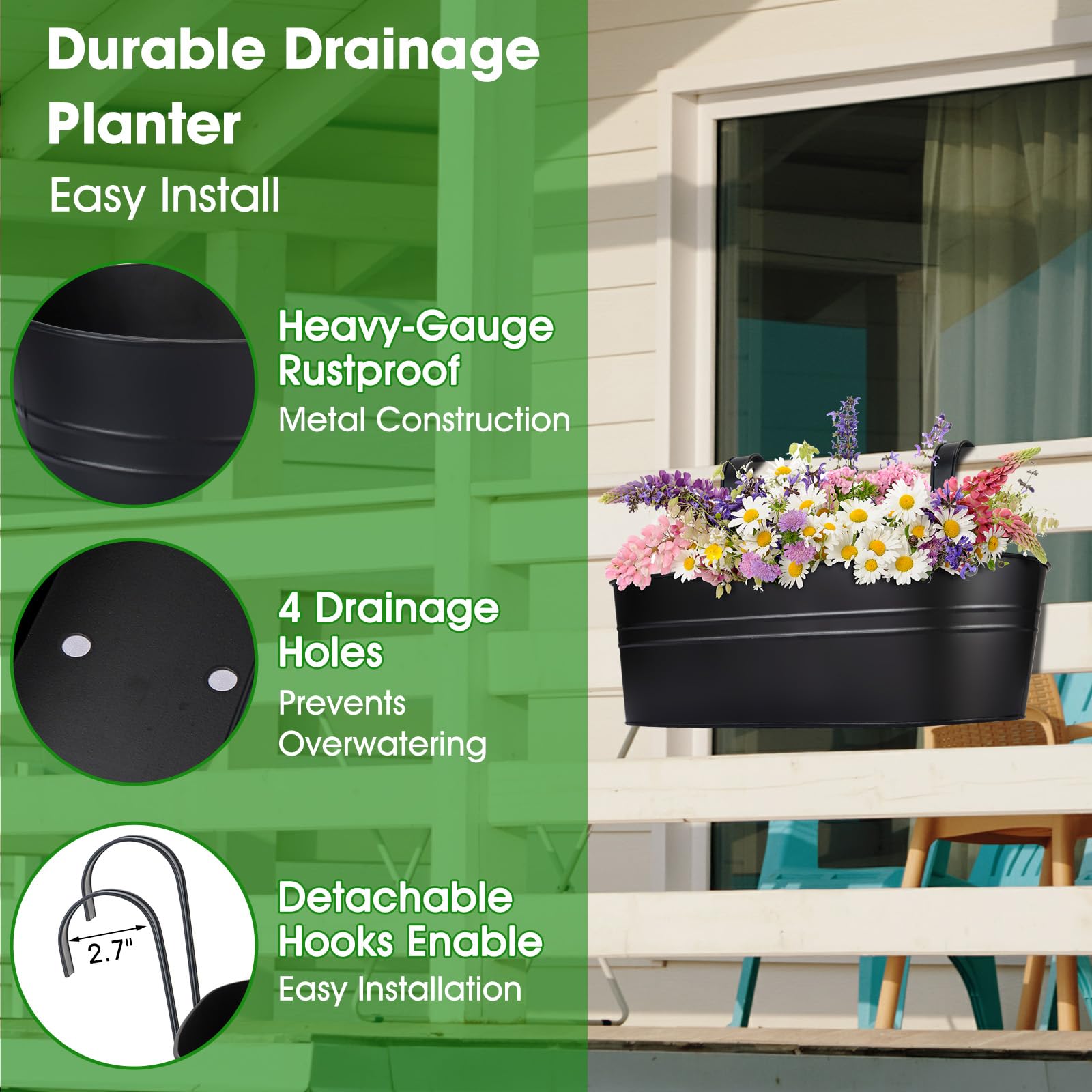 Fioriera per ringhiera, 40,6 cm, grande, da appendere, per piante da esterno, confezione da 3 | Fioriere da balcone con ganci larghi staccabili per ringhiere da 6,9 cm, per decorazione di terrazze, recinzioni e patio