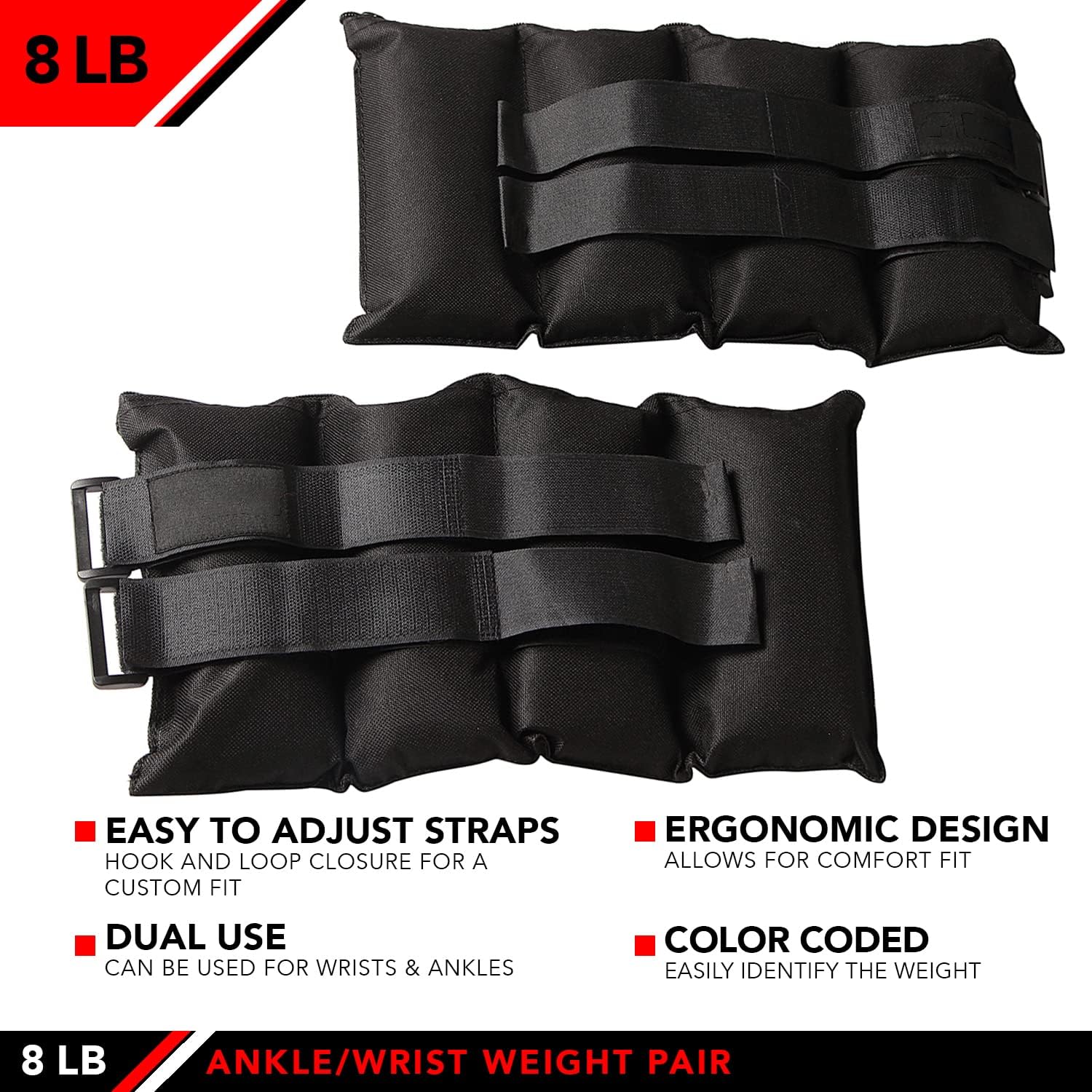 JFIT Ankle Weights - Ankle Weight Pair 10 Weight and Bundle Options - 0.5 to 8 lbs. Each (Set of 2) Adjustable Straps – Comfortable, Breathable, Moisture Absorbent Weight Straps for Men and Women