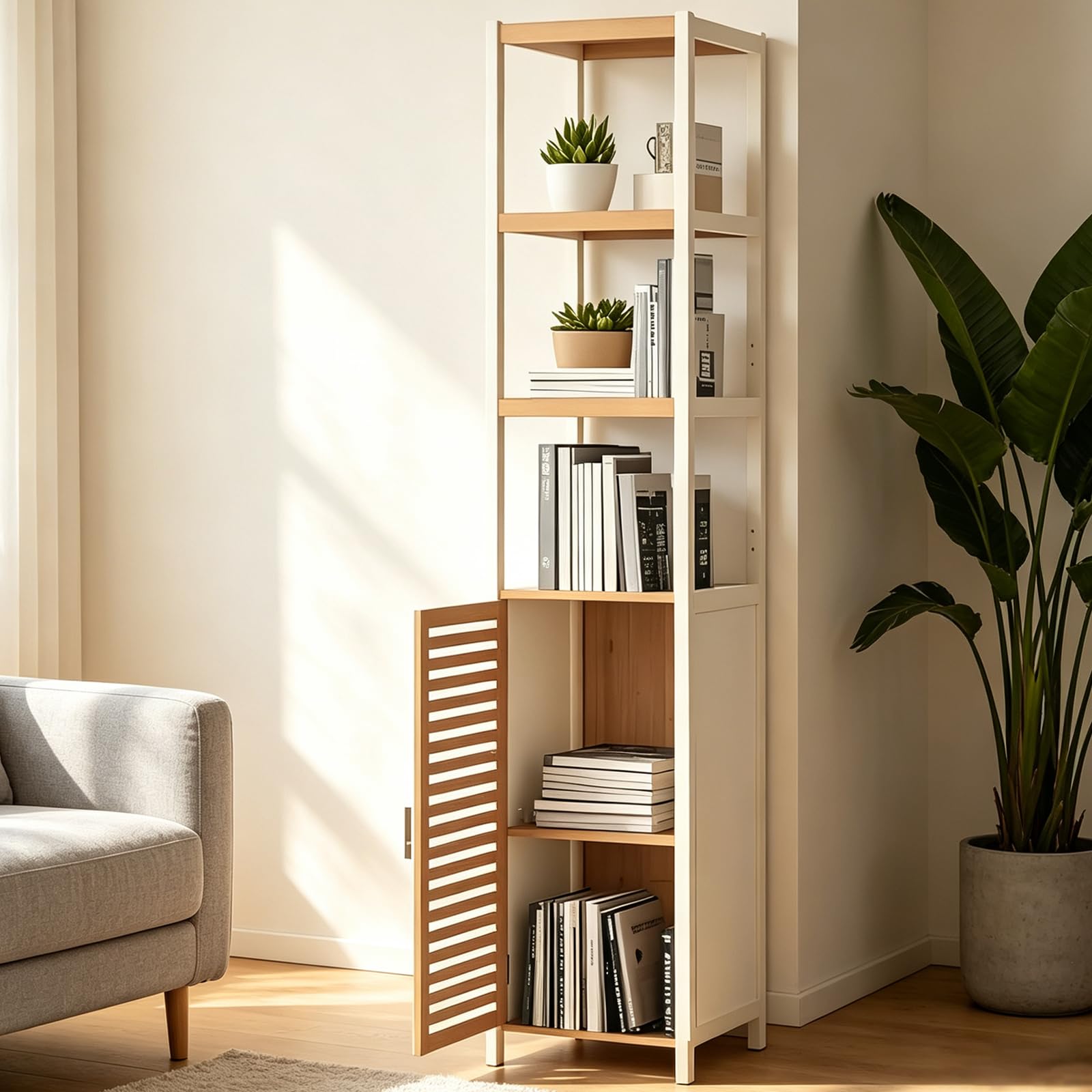Badezimmerhochschrank, Badregal Bambus, Handtuch Schrank, Badschrank Schmal Hoch mit 1 Tür, Bathroom Storage Cabinet, Toilettenschrank für Badezimmer, Flur, Küche, Wohnzimmer