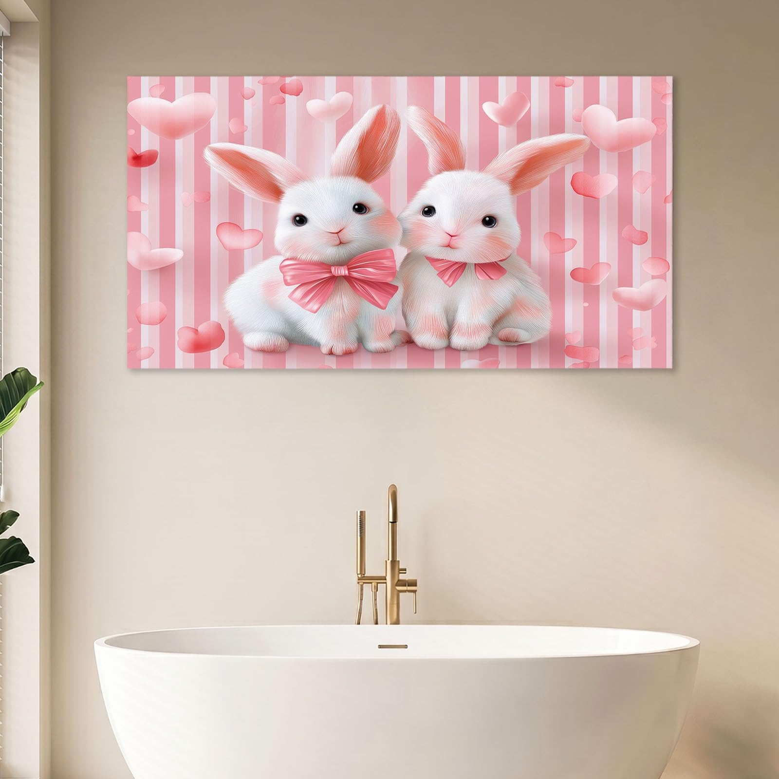 Obrazy na płótnie, z kreskówki, obrazy ścienne do salonu, 100 x 70 cm, druk artystyczny, obrazy na płótnie, różowe zwierzęta, zając serce, paski, dekoracja ścienna do korytarza, sypialni, jadalni i