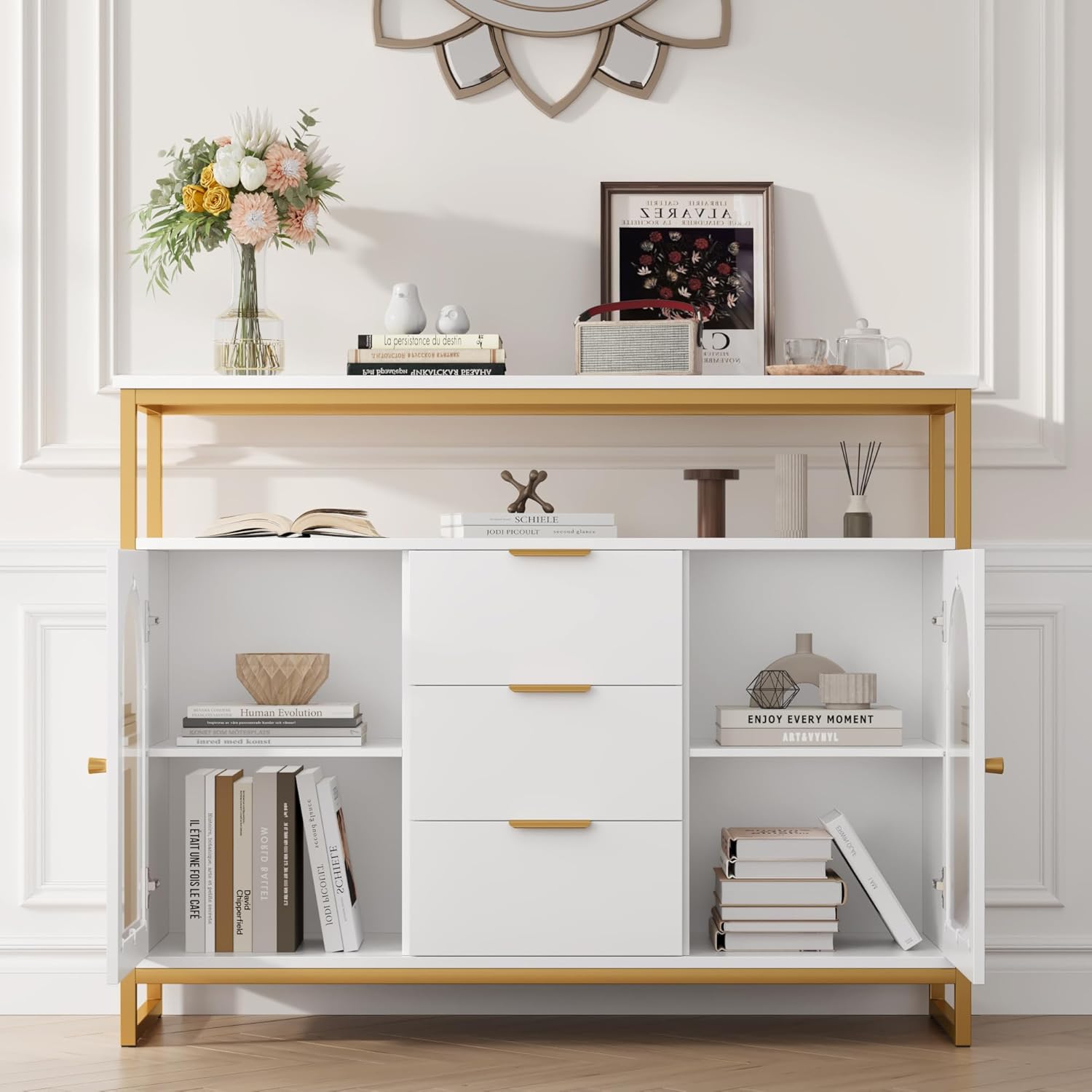 Buffet cabinet with its glass doors open, showing the interior shelves and organized items.
