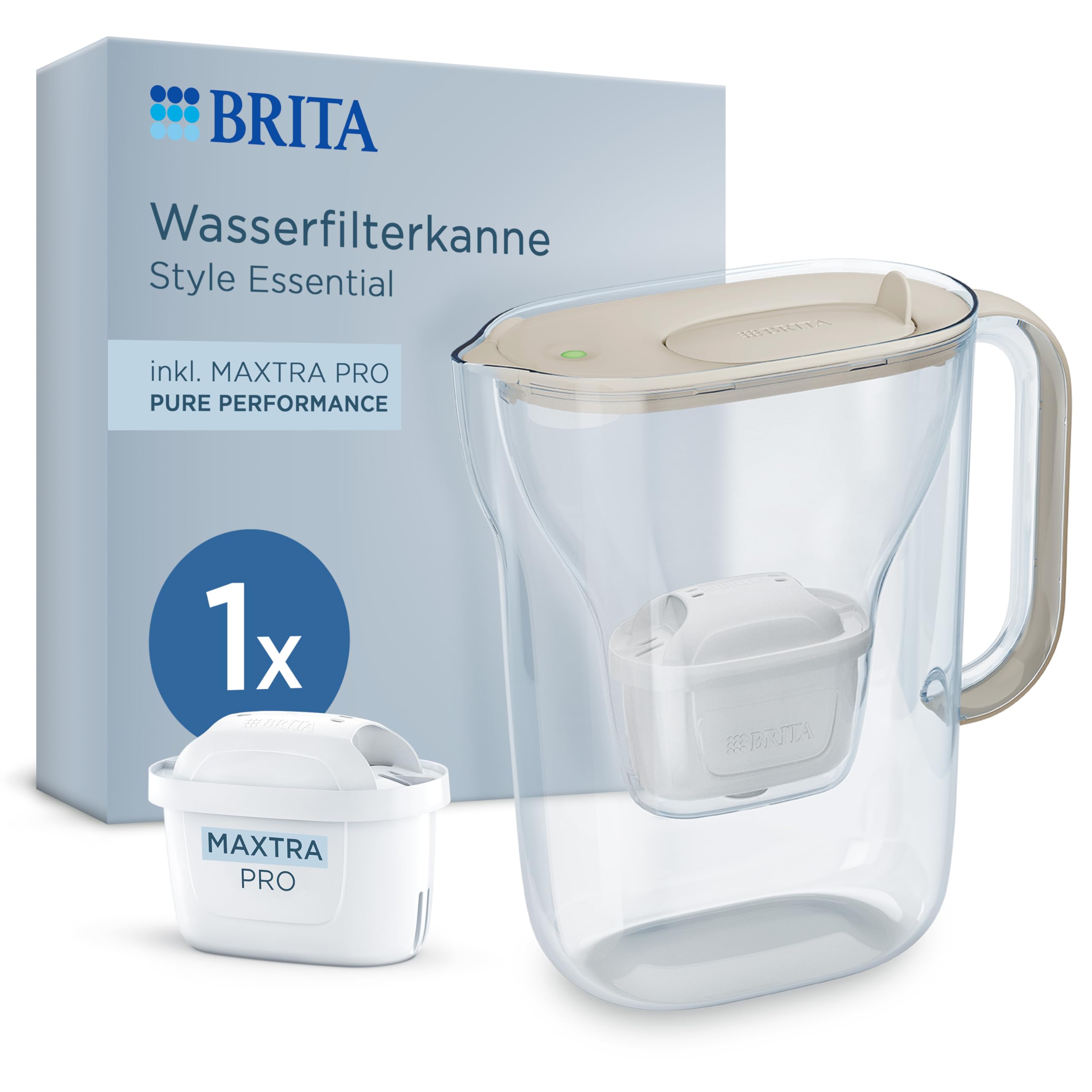 BRITA Wasserfilter Kanne Style Essential sand (2,4l) inkl. 1x MAXTRA PRO Pure Performance – Kühlschrankgeeignete Filterkanne mit Smart Light LED & Klapp-Deckel, filtert Verunreinigungen & mehr