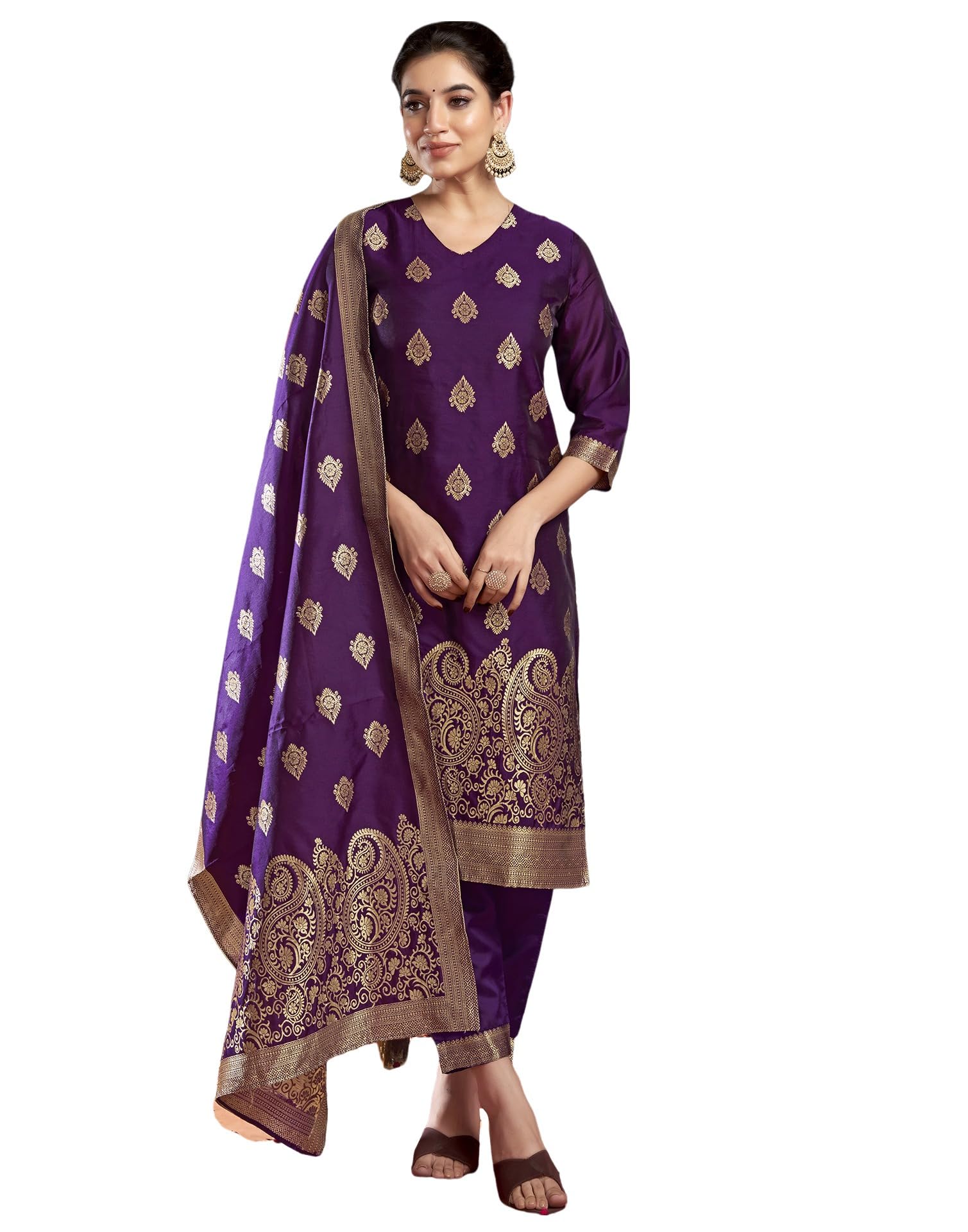 SIRIL Womens Silk Blend Banarasi Jacquard Zari Woven Straight Kurta Pant With Dupatta Set (217KBD2293-L_Purple) (B0D9SC9DCV) Amazon Price History, Amazon Price Tracker