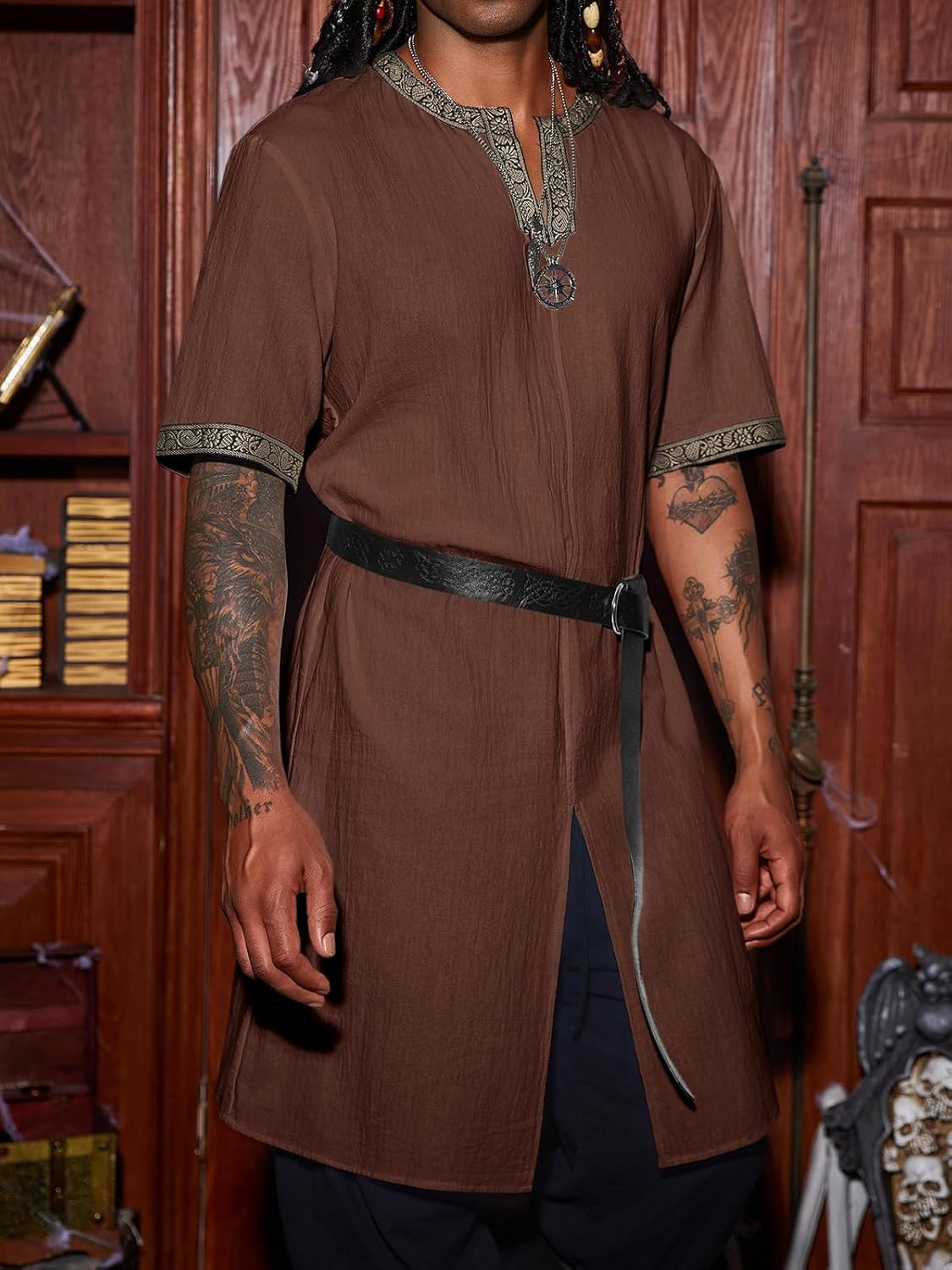 Runcati Mens Medieval Pirate Costume Tunic Renaissance Knight Warrior Viking LARP Halloween Tops - Image 2