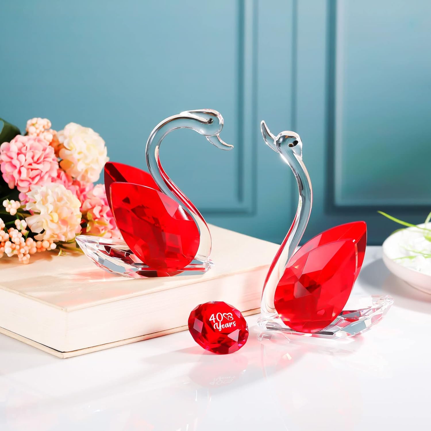 YWHL Happy 40th Anniversary Crystal Swan Gifts for Couples, 40 Years Ruby Wedding Gifts for Parents, Handmade Ruby Red Crystal Swan Collectible Figurine, Anniversary Party Decoration