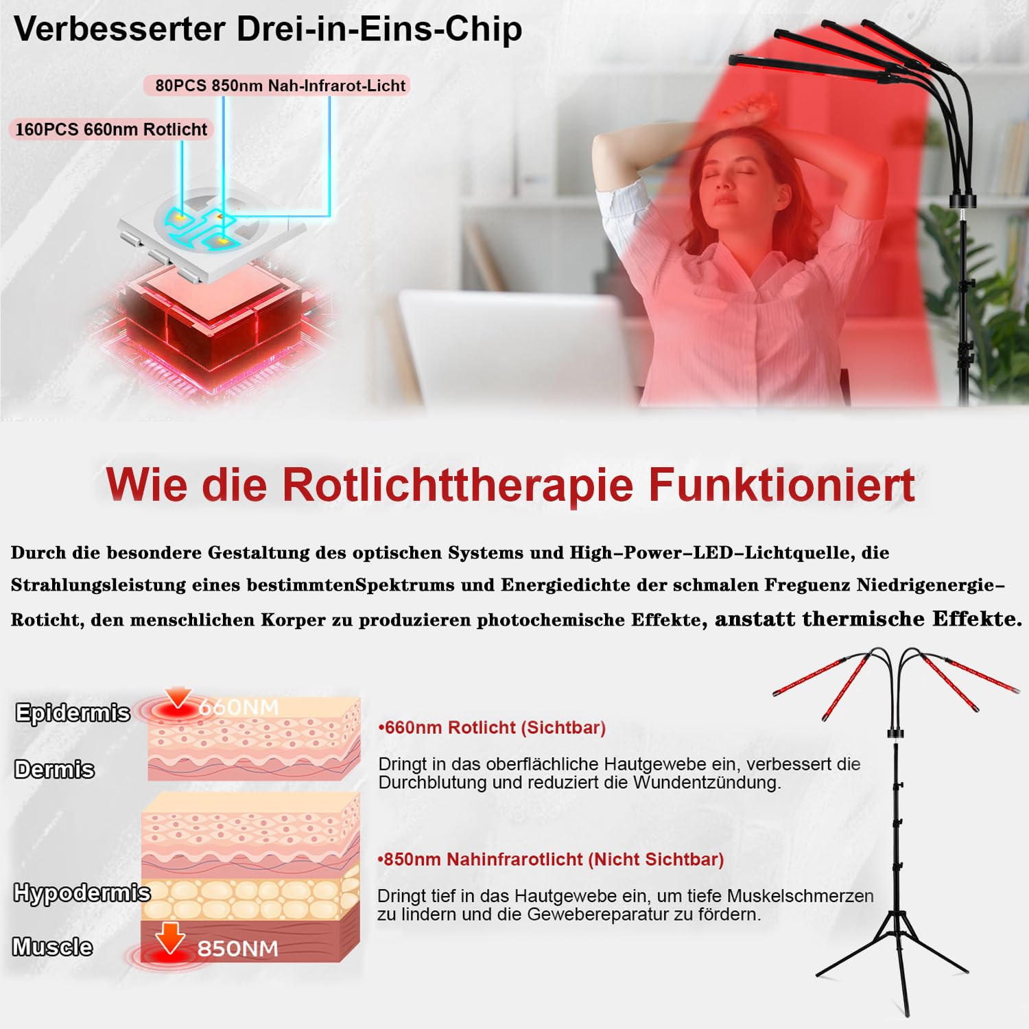Lámpara de Luz Roja con Soporte, 4 Cabezas 660nm y 850nm Lámpara Infrarroja con 240 LEDs y Altura Regulable de 38-152cm para el Hogar y la Oficina