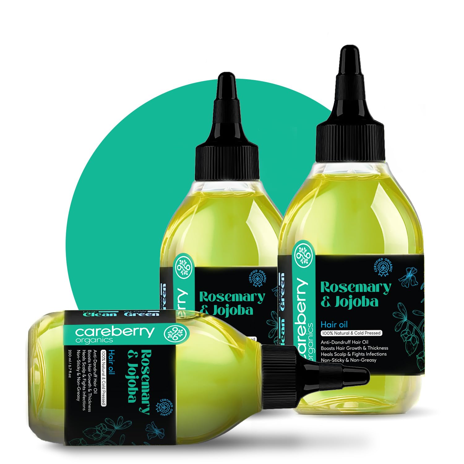 Organic Rosemary & Jojoba Hair Oil For Hair Growth & Dandruff Control, 100% Natural & Organic, Certified Ayurvedic, Cold Pressed Oil, Mineral Oil Free (Pack of 3, 200ml each)