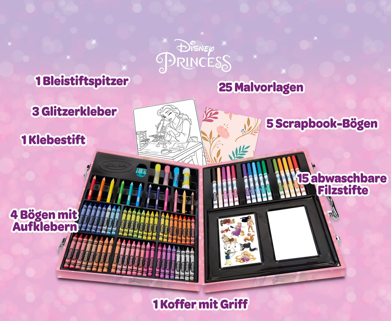 CRAYOLA, Disney Prinzessinnen Malkoffer für Kinder mit Buntstiften | Filzstiften und Wachsmalkreiden, 115-teiliges Malset, Farbstifte Set zum Malen und Zeichnen, Malstifte ab 3 Jahre