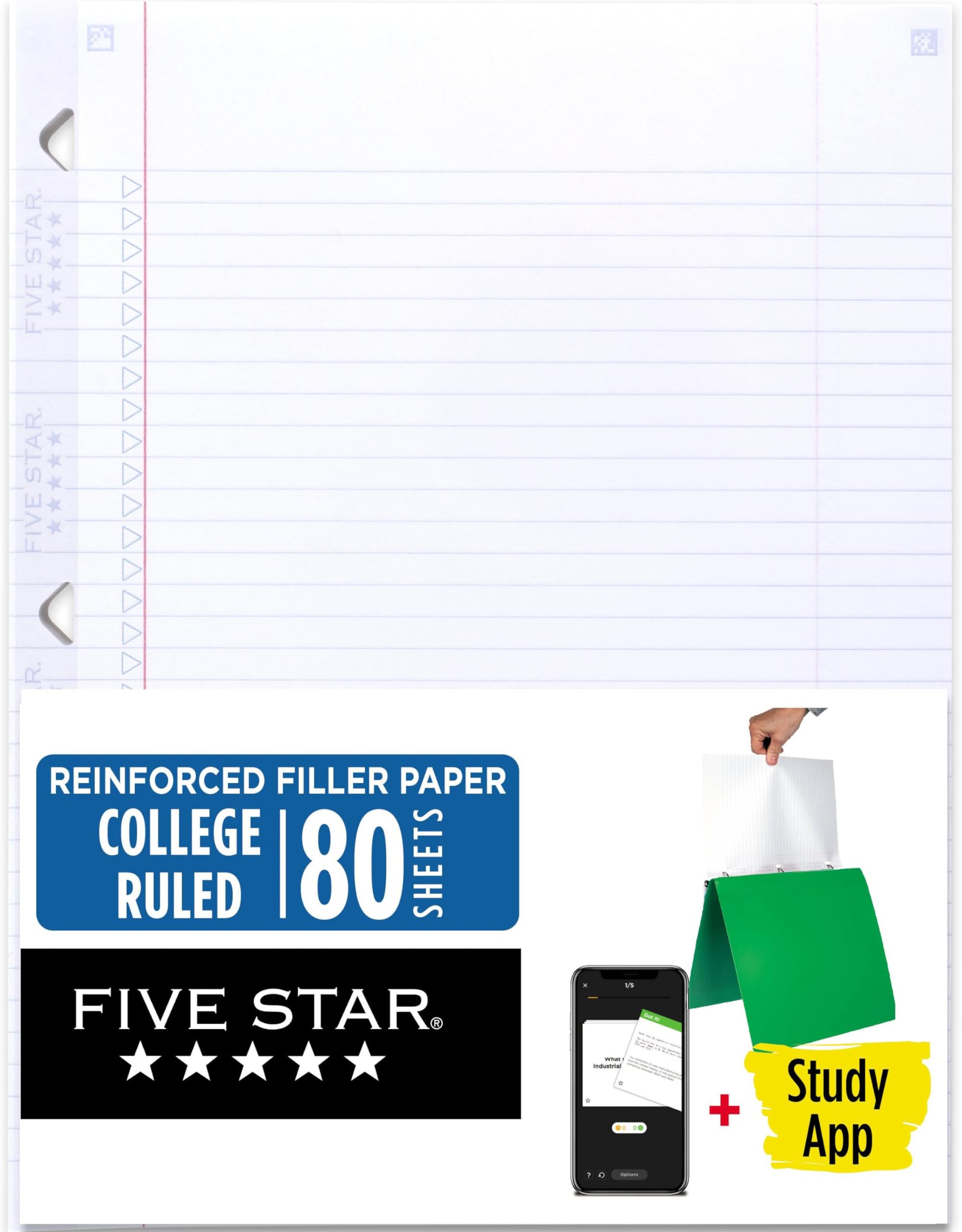 Five Star Loose Leaf Paper + Study App, Notebook Paper, College Ruled Filler Paper, Reinforced, Fights Ink Bleed, 8.5 x 11, 80 Sheets (170102),White