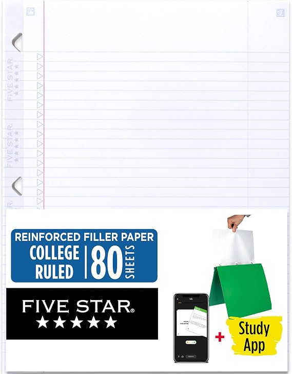 Five Star Loose Leaf Paper + Study App, College Ruled Filler Notebook Paper, Reinforced, Fights Ink Bleed, 8-1/2 x 11, 80 Sheets (170102)