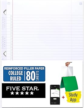 Five Star Loose Leaf Paper + Study App, College Ruled Filler Notebook Paper, Reinforced, Fights Ink Bleed, 8-1/2" x 11", 80 Sheets 170102