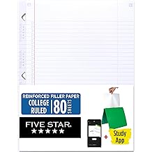 Five Star Loose Leaf Paper + Study App, College Ruled Filler Notebook Paper, Reinforced, Fights Ink Bleed, 8-1/2" x 11", 80 Sheets (170102)