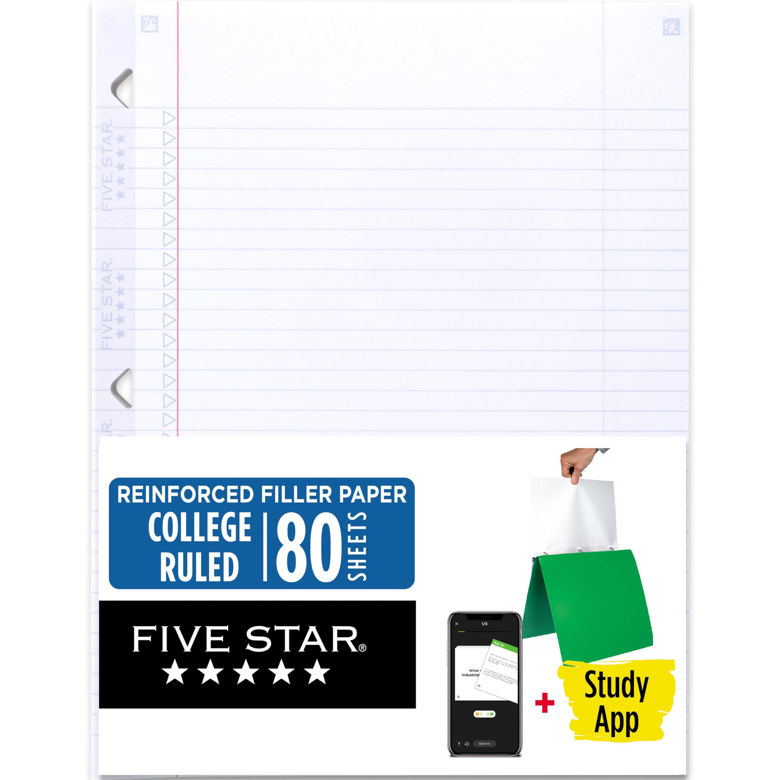 Five Star Loose Leaf Paper + Study App, College Ruled Filler Notebook Paper, Reinforced, Fights Ink Bleed, 8-1/2" x 11", 80 Sheets (170102)