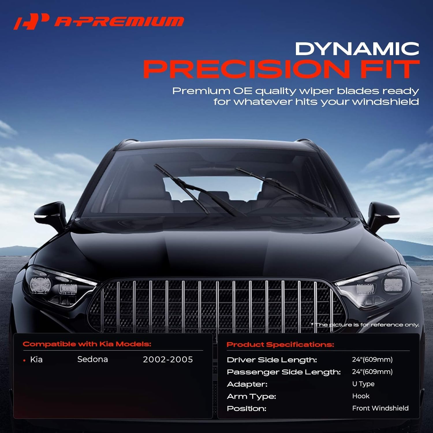 A-Premium Pack of 2 Windshield Wiper Blades with Wear Indicator & Towel - Compatible with Kia Sedona 2002 2003 2004 2005-24" and 24", Hook Connector, Left and Right