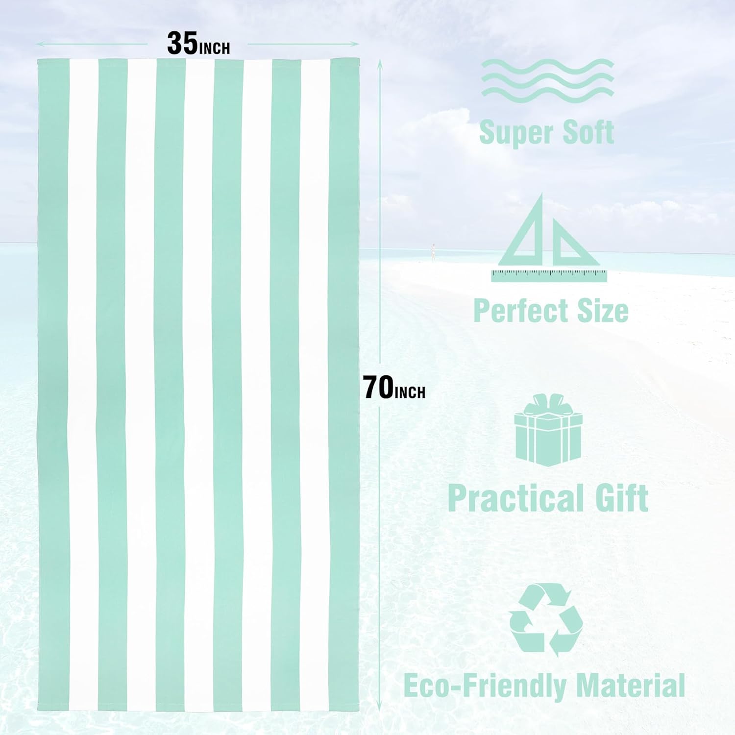 Large Oversized Beach Towel - 35 x 70 Inch Microfiber Pool Towel, Aqua Striped Quick Dry Cabana Swim Towel - Image 3