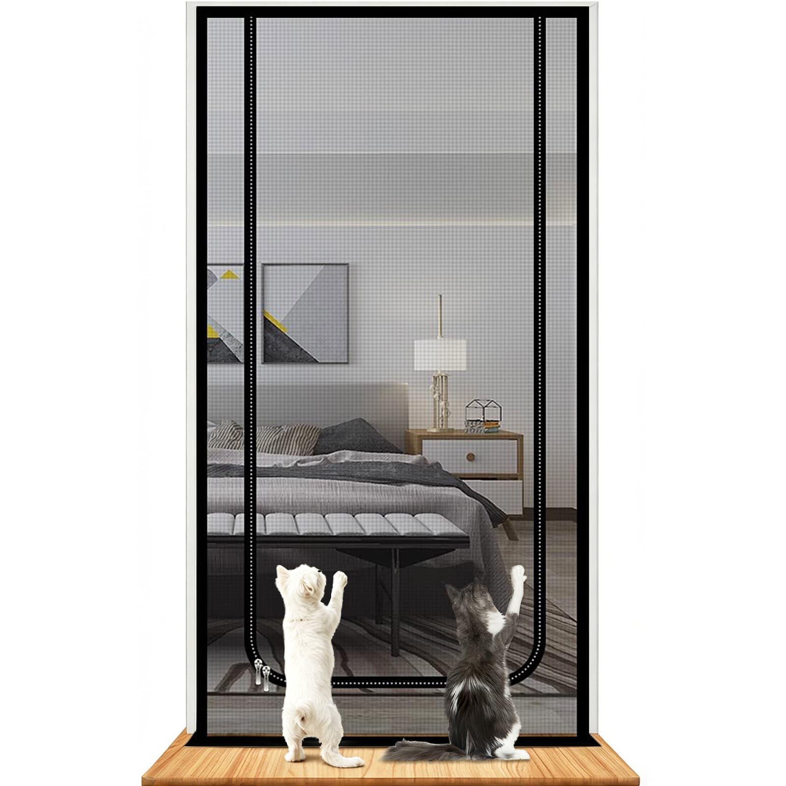 Weeloo Black Cat Screen Door With Bilateral Zippers, 80X200cm Pet Fly Screen For Isolating Pets, Anti-Mosquito Screen Door Preventing Cats And Dogs From Going Out (Black)