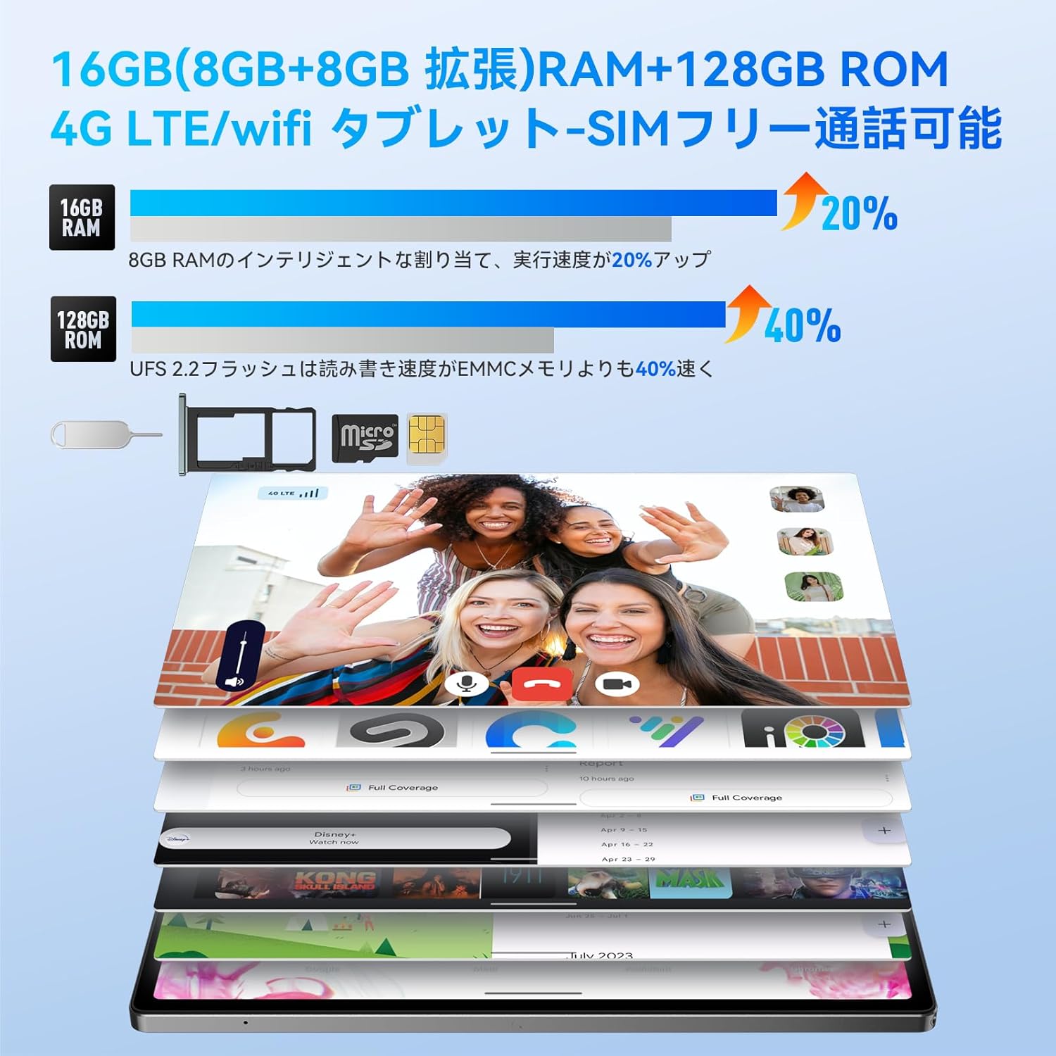 Tablet showing multiple apps open and a diagram of RAM and ROM expansion