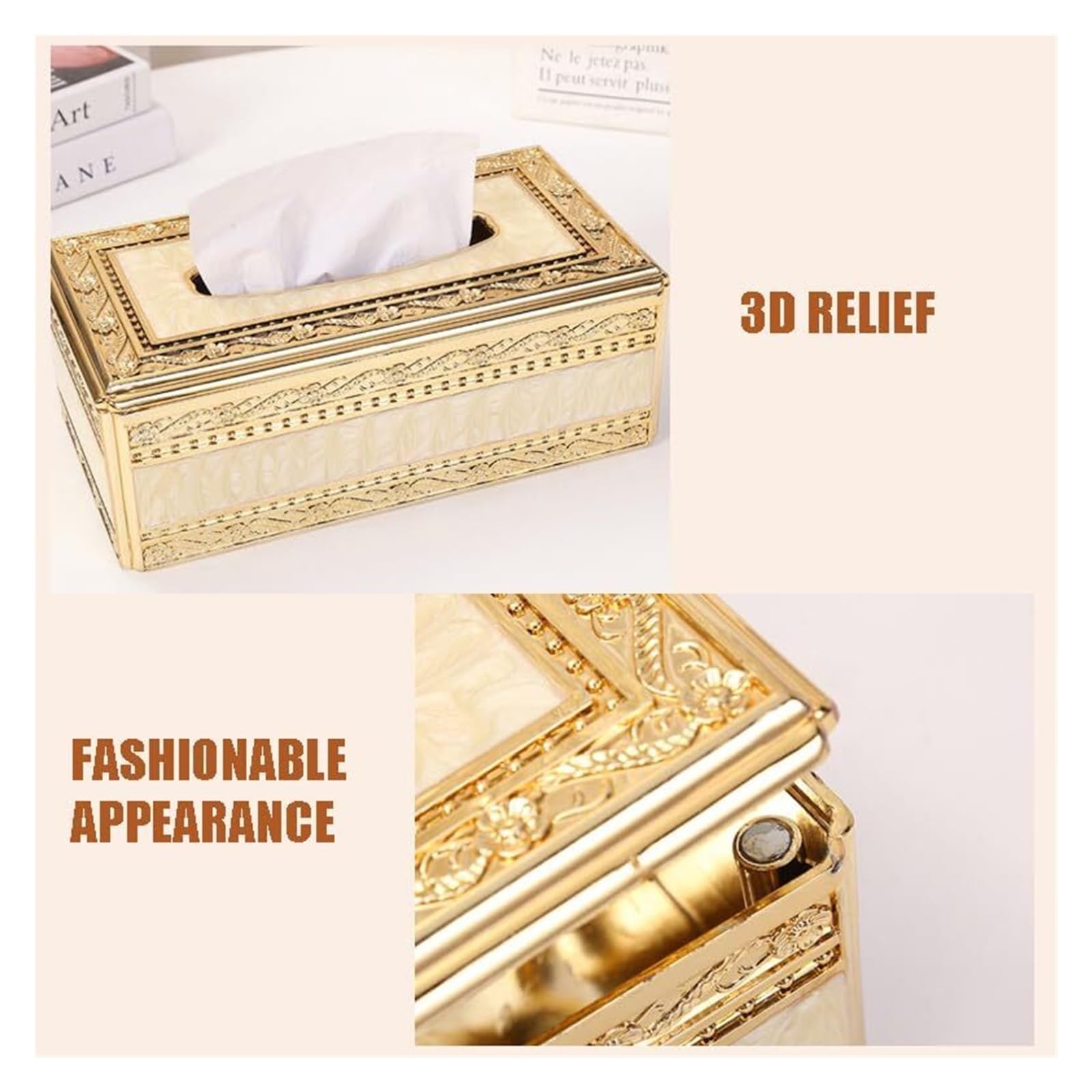 Portarrollos Decorativos Caja de pañuelos Dorada Europea, Soporte Decorativo Rectangular, servilleta Papel acrílico Artículos para el hogar(White)