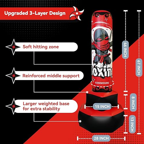 Miniatura 4 de COMMOUDS Saco de boxeo de 67 pulgadas para niños, juego de boxeo inflable con guantes, saco de boxeo de rebote rápido para practicar karate,