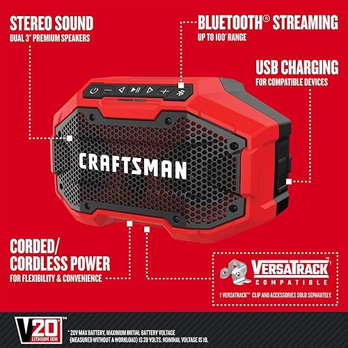 Miniatura 6 de Craftsman Altavoz Bluetooth V20 con batería de iones de litio, hora de 4.0 amperios, el cargador se vende por separado (CMCR001B y CMCB204)