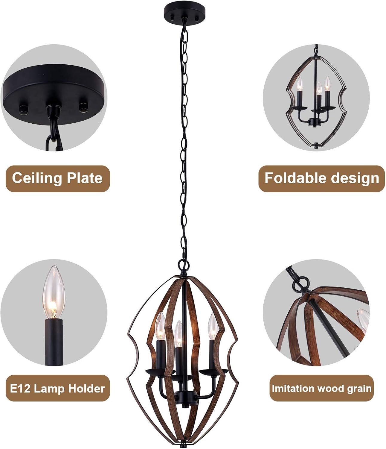 Aipsun Orb 3-Light Chandelier Rustic Metal Pendant Light Farmhouse Chandelier Wood Texture Ceiling Hanging Light Fixture for Indoor
