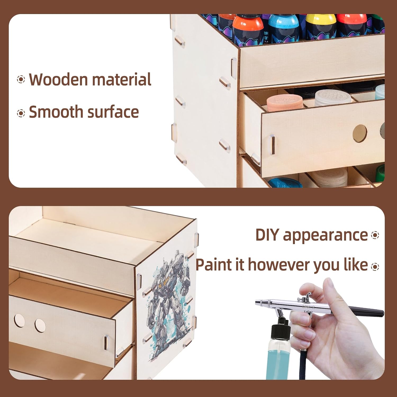 Model Paint Organizer with 3 Removable Grid Drawer, Wooden Hobby Paint Rack for Model Parts, Ink Bottles, Craft Tools, Nail Glitter, Miniature Paint Storage