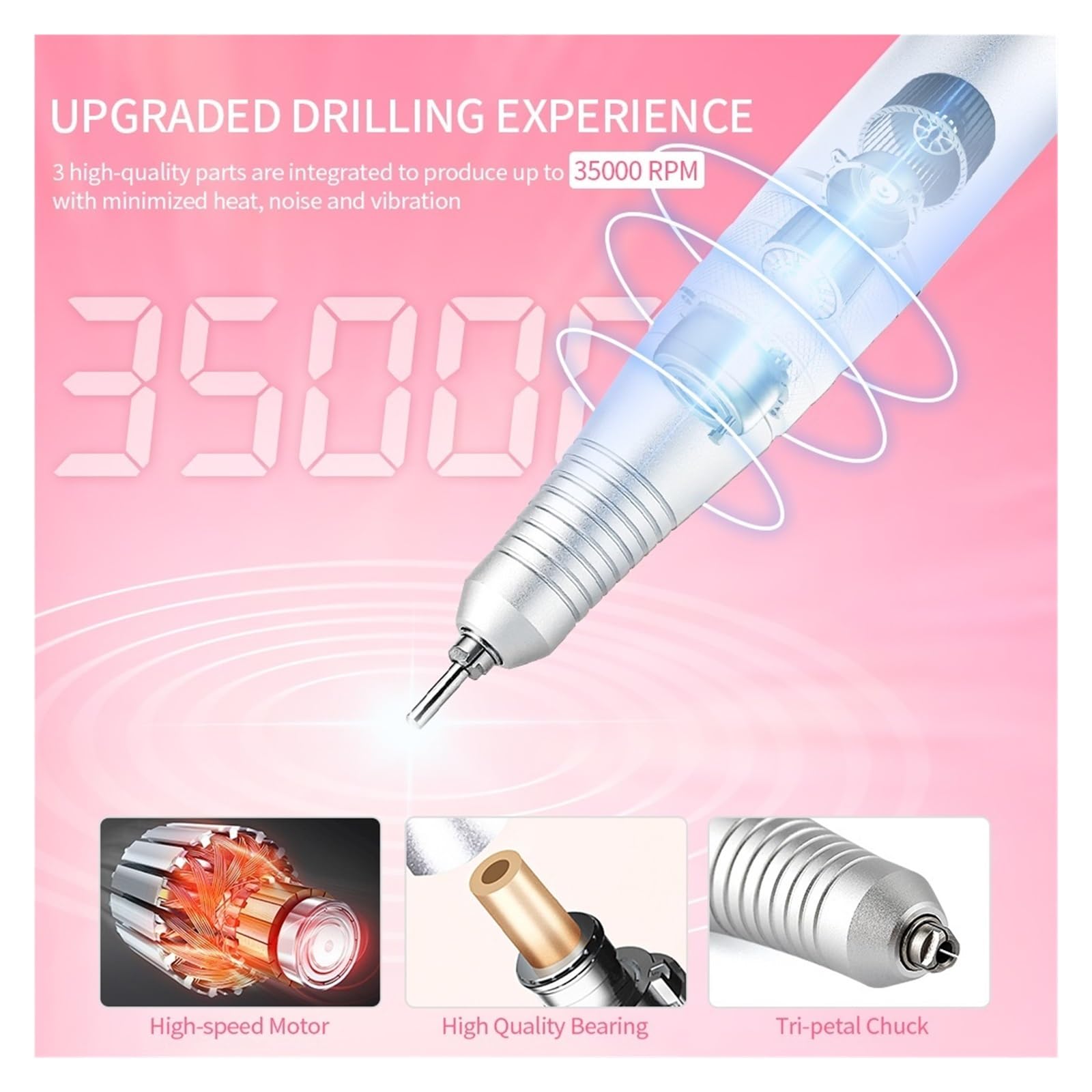 Taladro de uñas inalámbrico, máquina amoladora manicura, lima 35000RPM, pulidora, fresadora , herramienta Arte ,Baja vibración(Pink)