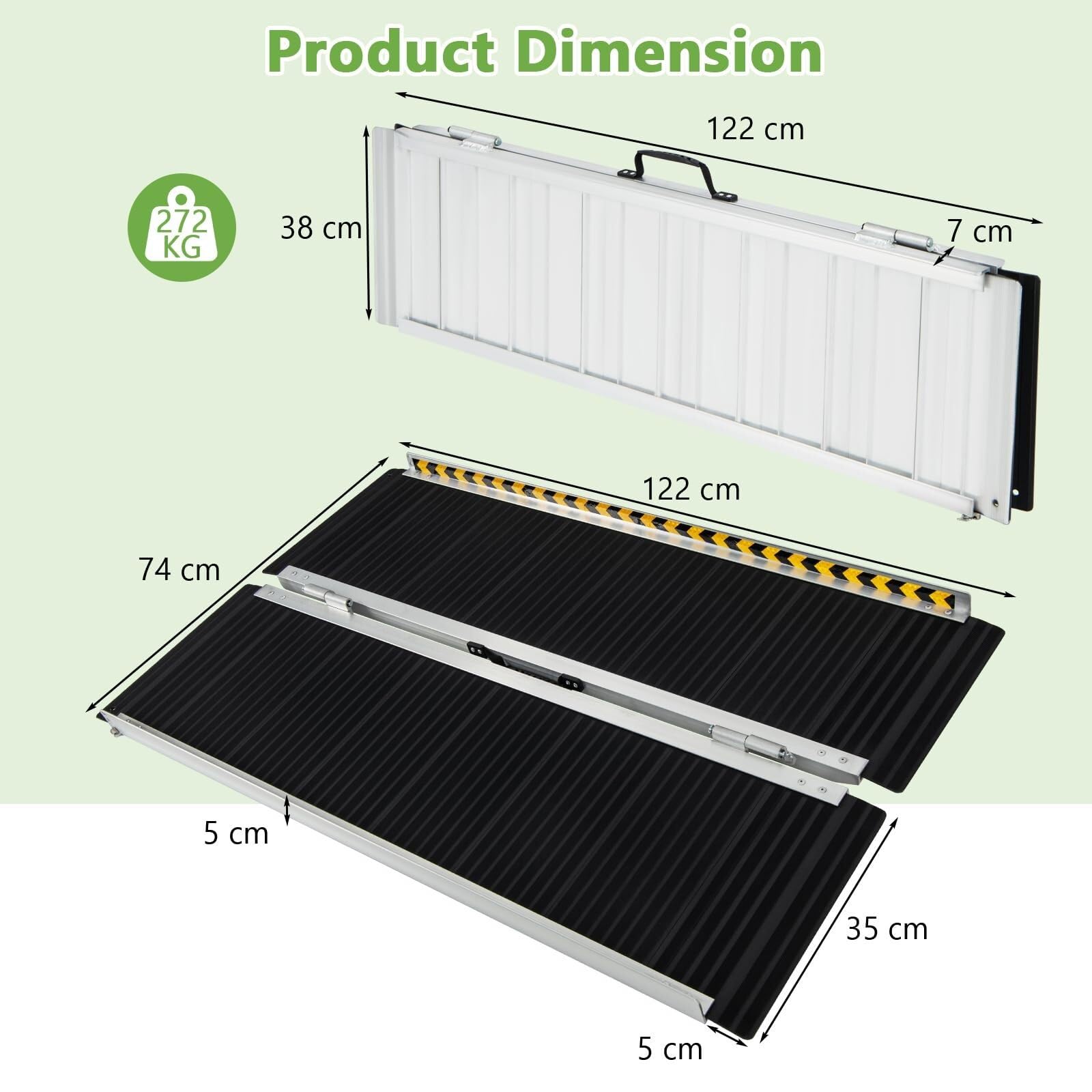 Rampa plegable portátil de aluminio para silla de ruedas con placa de transición y calcomanías reflectantes, umbral antideslizante para escalones y escaleras del hogar, capacidad de 272 kg