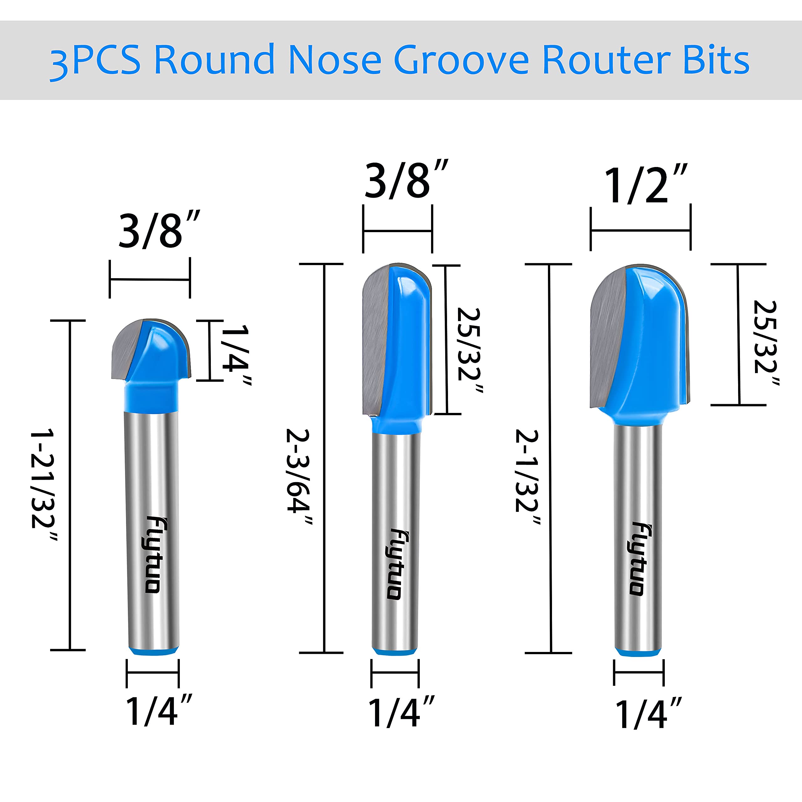 Flytuo 6Pcs 1/4" Shank Carbide 90 Degree V-Groove and Round Nose Groove Router Bit Set 3D CNC Signmaking Lettering Engraving Cutter Woodworking Carving Cutting Tool - Image 4