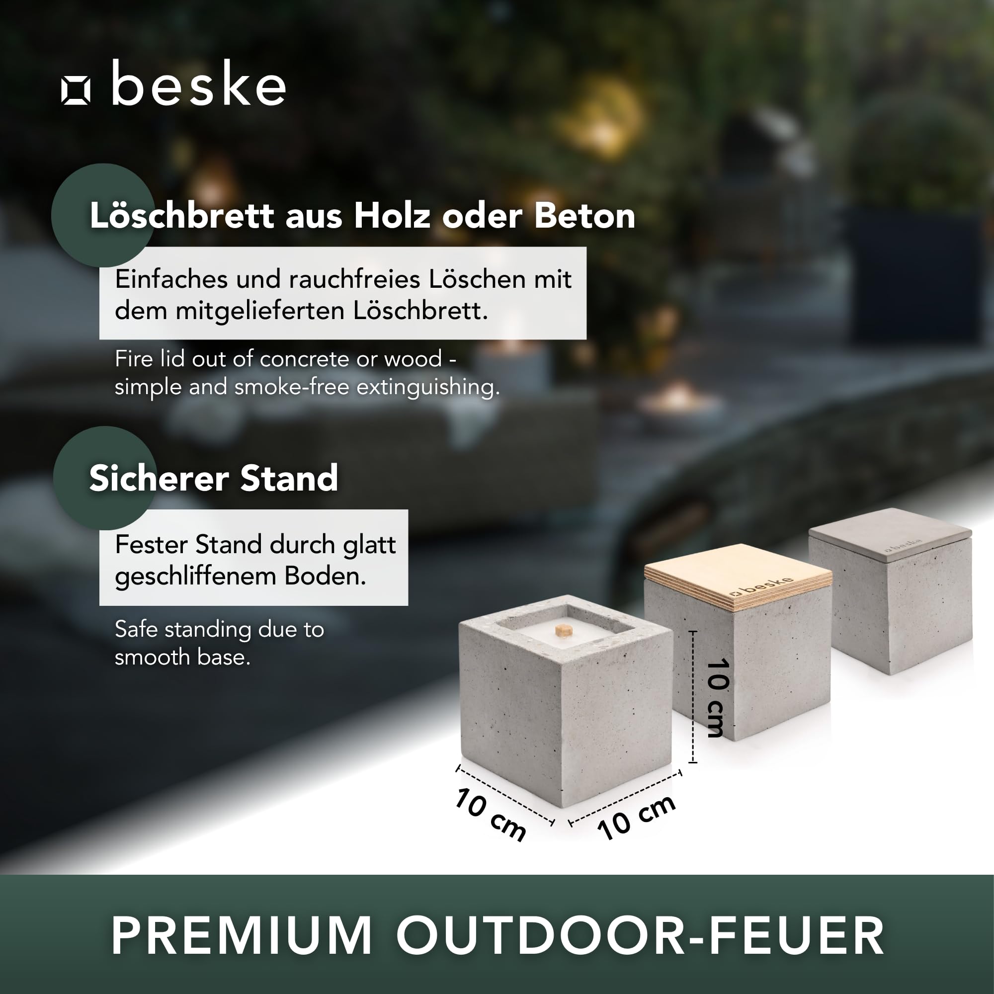 Beske-Manufaktur Pico 10x10x10cm Dauerdocht Wiederbefüllbare Fackel Tischfeuer