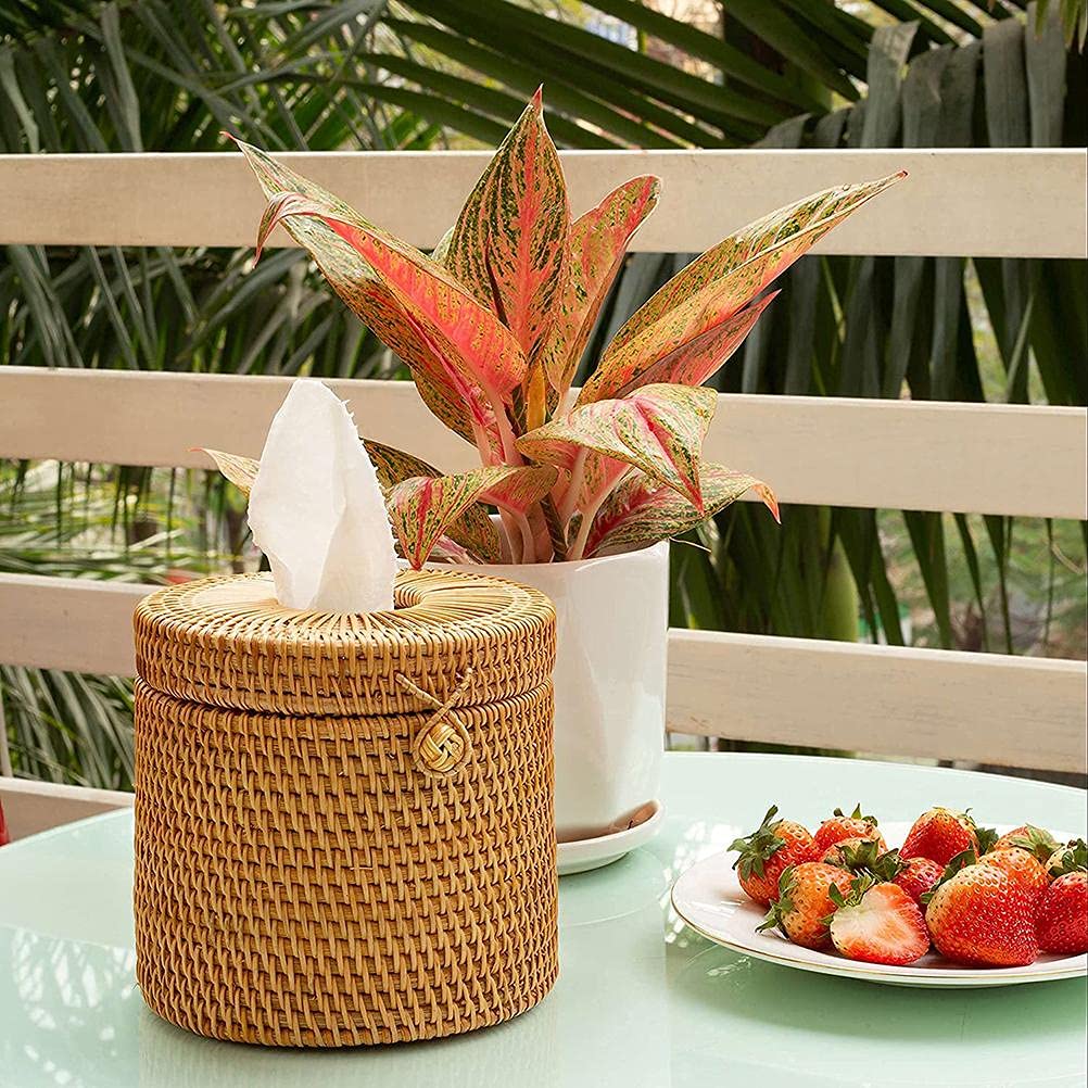 Scatola rotonda in rattan, porta carta igienica in vimini con coperchio, contenitore rotondo adatto per la decorazione della casa del bagno