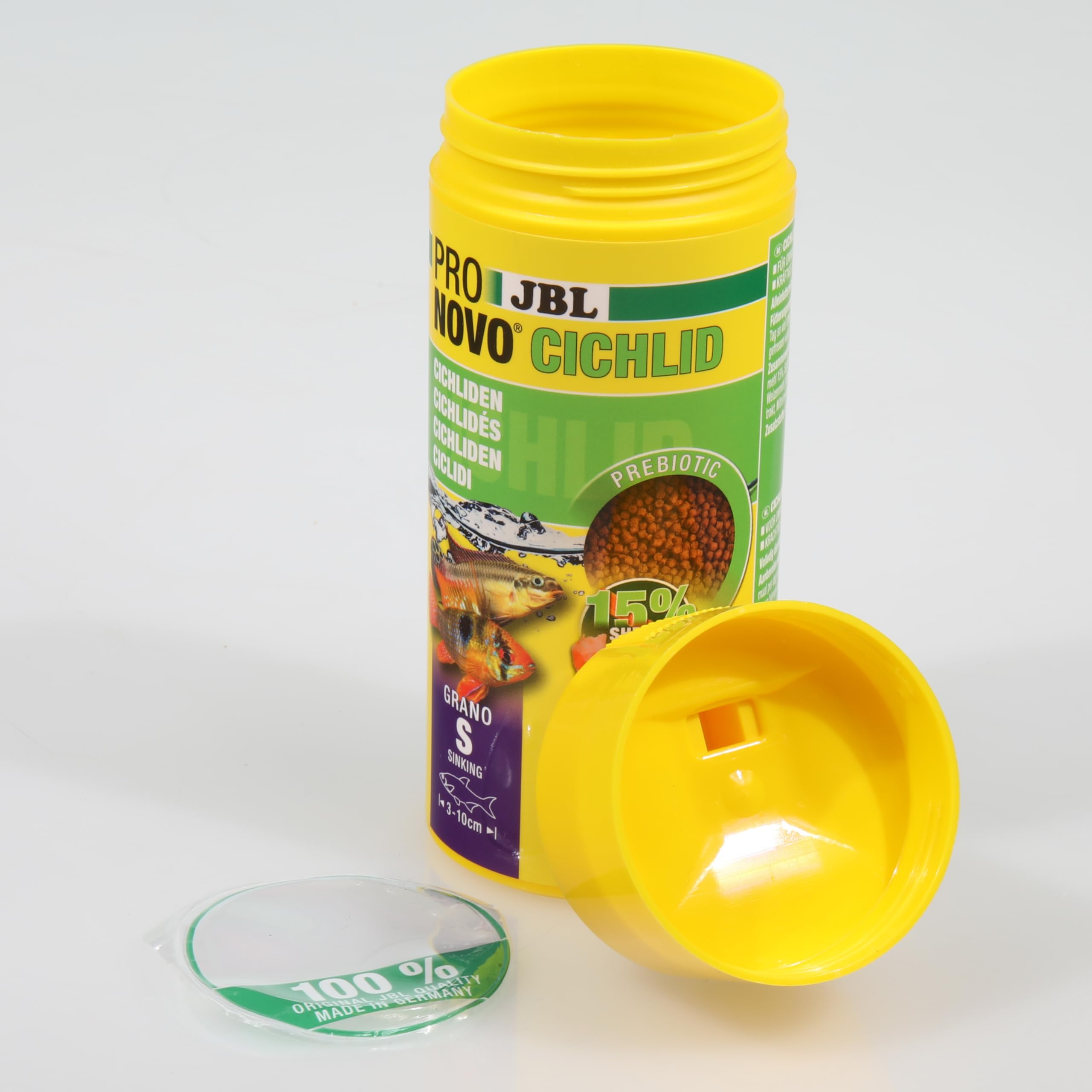 JBL PRONOVO Cichlid Grano, alimento Principal para cíclidos pequeños de 3 – 10 cm, dosificador Clic, gránulos para piensos para Peces, Talla S, 250 ml